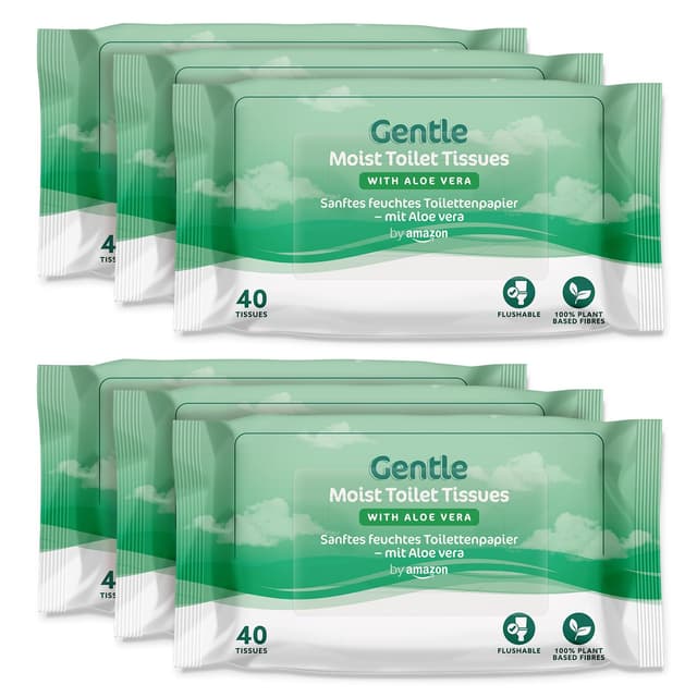 by Amazon Sanftes feuchtes Toilettenpapier mit Aloe Vera, spülbar, 240 Stück (6 Packungen mit je 40 Blatt) (Früher Marke Presto!)