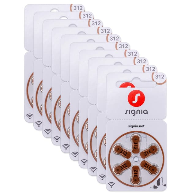 Siemens-Signia Hörgerätebatterien Typ 312 braun, Batterien für Hörgeräte 60 Stück Vorratspack, Made in Germany, inkl. GRATIS Reinigungstuch, Wireless Approved, quecksilberfrei 60 Stück Typ 312 braun