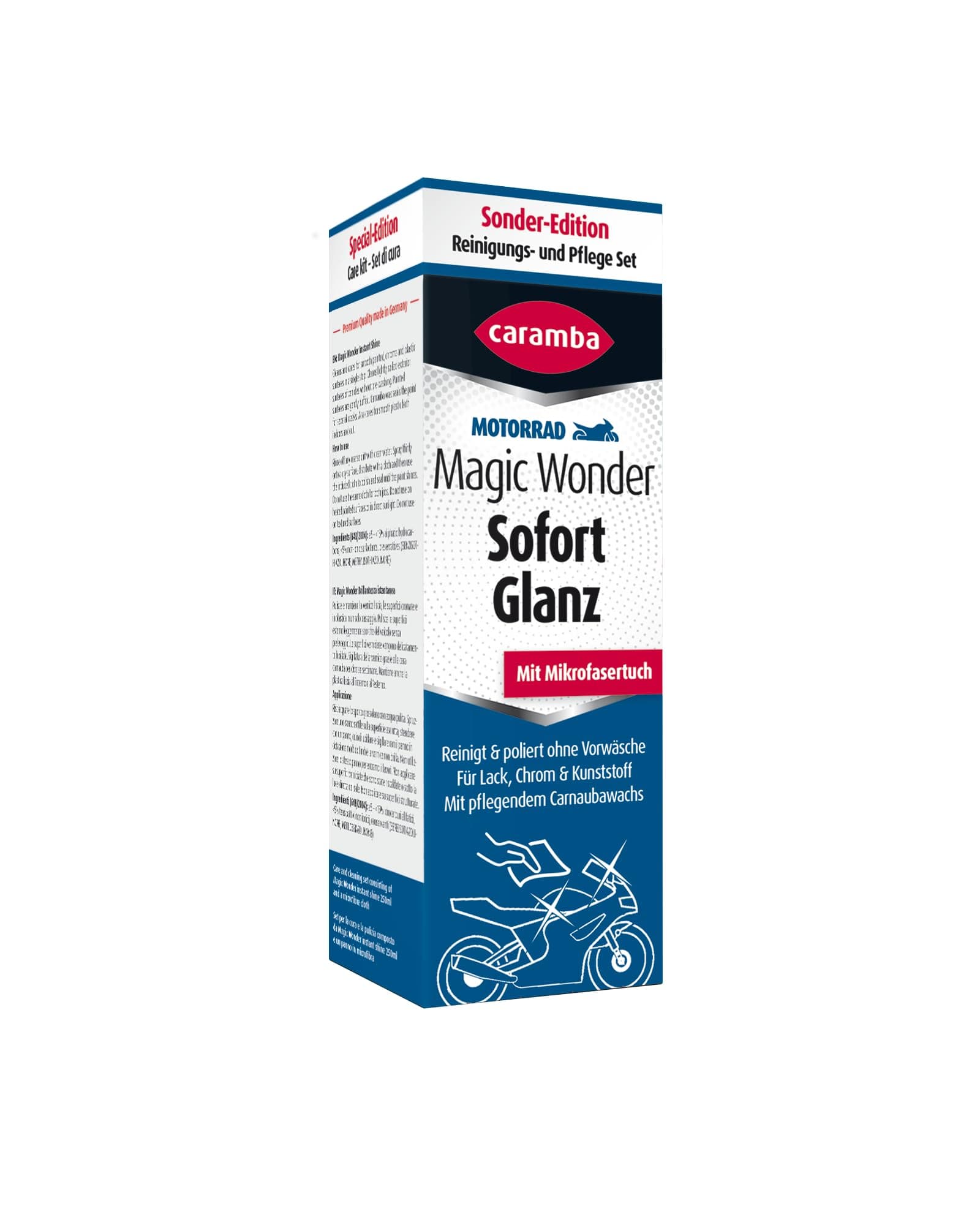 Caramba Magic Wonder Sofort Glanz, Reinigungs- und Pflegeset für Motorräder inkl. Mikrofasertuch, für Lacke, Chrom und Kunststoff, 250 ml