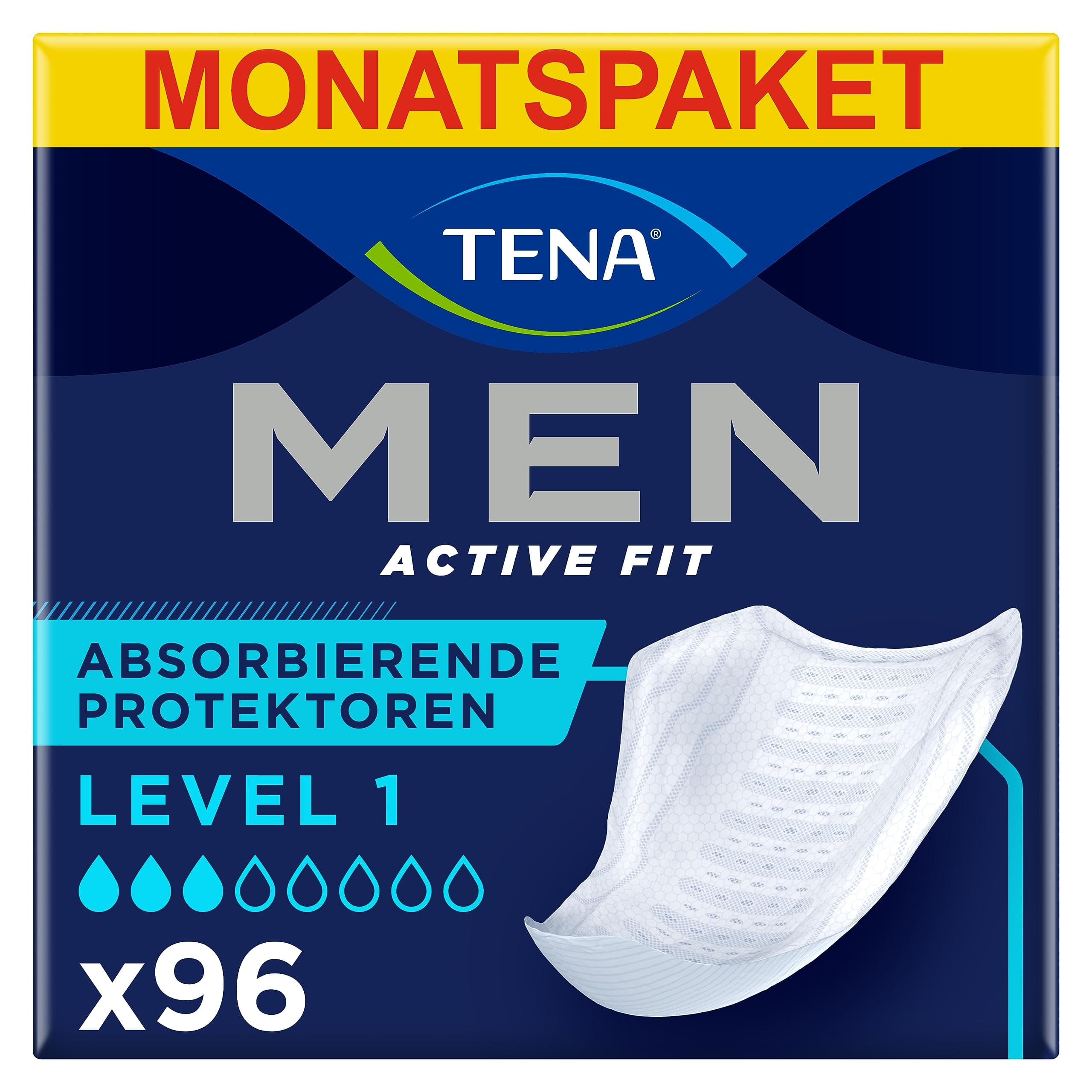 TENA Men Absorbent Protector Inkontinenzeinlagen, Level 1, für leichte Blasenschwäche, 96 Inkontinenzeinlagen (12 x 8 Packungen) für Männer, speziell entwickelt , Länge 23 cm Level 1 96 Stück (1er Pack)