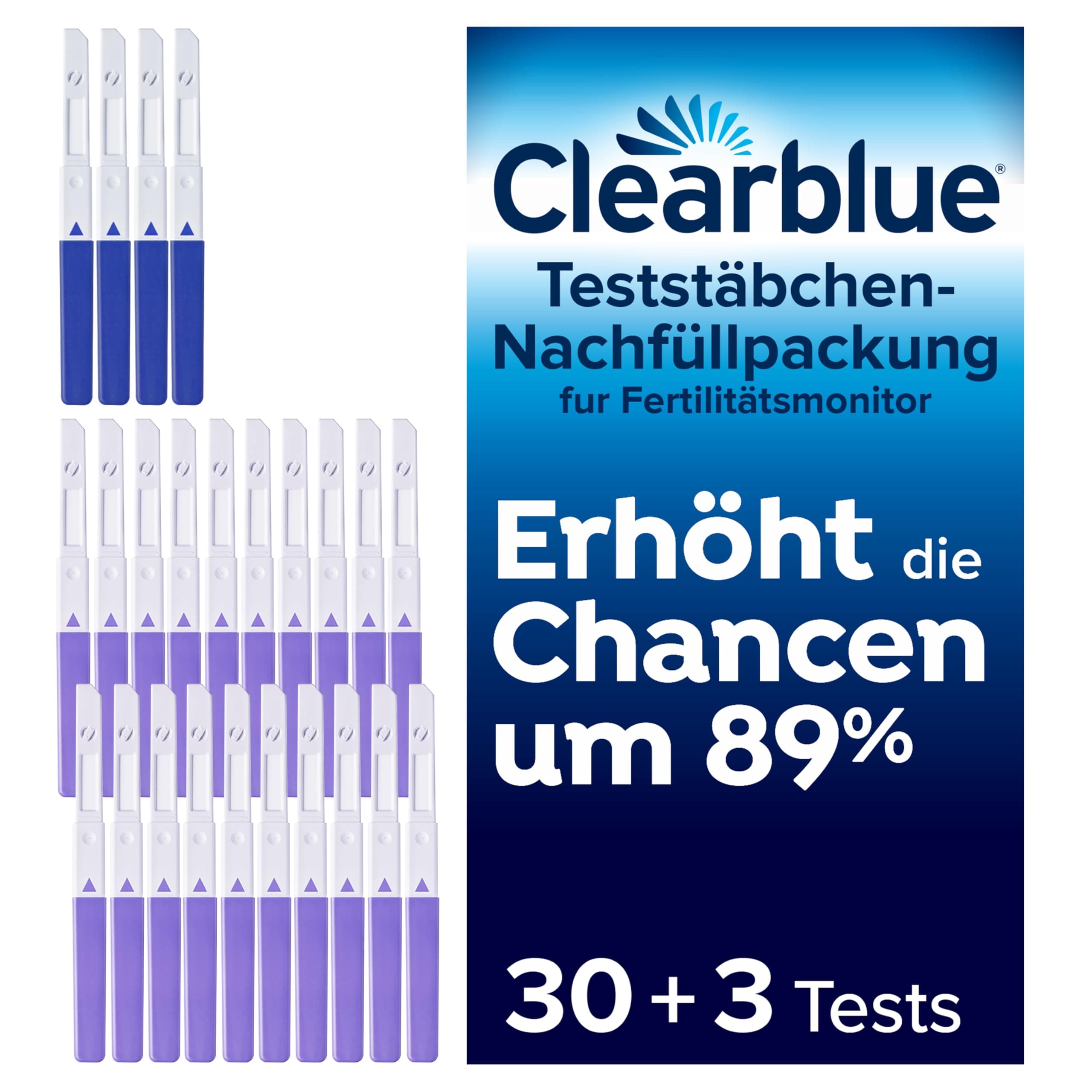 Clearblue 33 Tests Kinderwunsch Fertilitätsmonitor, Zykluscomputer Nachfüllpackung, 30x Ovulationstest und 3x Schwangerschaftstest, Fruchtbarkeitstest für Frauen zur Bestimmung des Eisprung