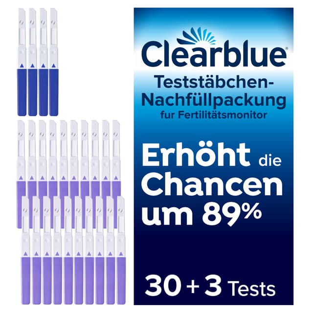 Clearblue 33 Tests Kinderwunsch Fertilitätsmonitor, Zykluscomputer Nachfüllpackung, 30x Ovulationstest und 3x Schwangerschaftstest, Fruchtbarkeitstest für Frauen zur Bestimmung des Eisprung