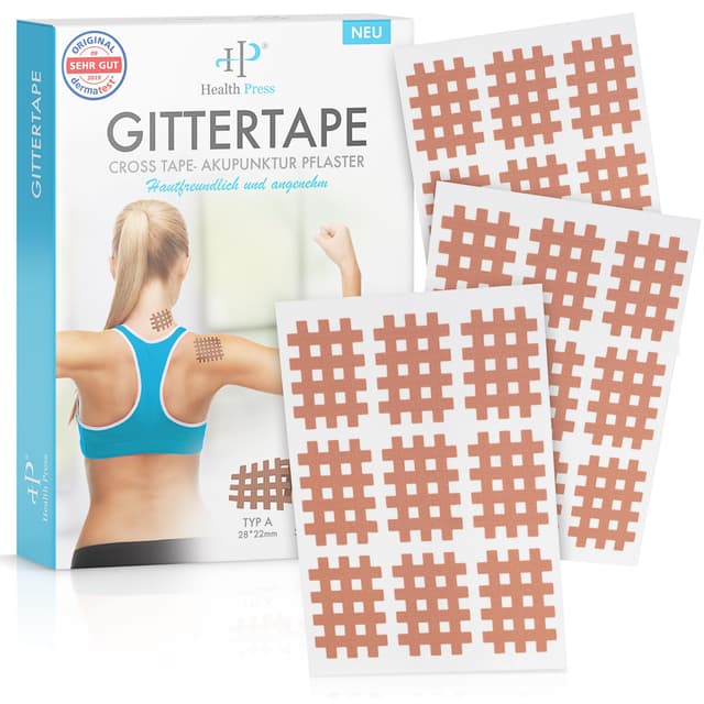 Health Press Gittertape Cross Tape – Größe Typ A 180 Stück – Gitterpflaster zur Akupressur – Akupunkturpflaster mit ausführlicher E-Book Anleitung zum Download – Akupressur Pflaster Typ A (180 Stück) Hautfarben