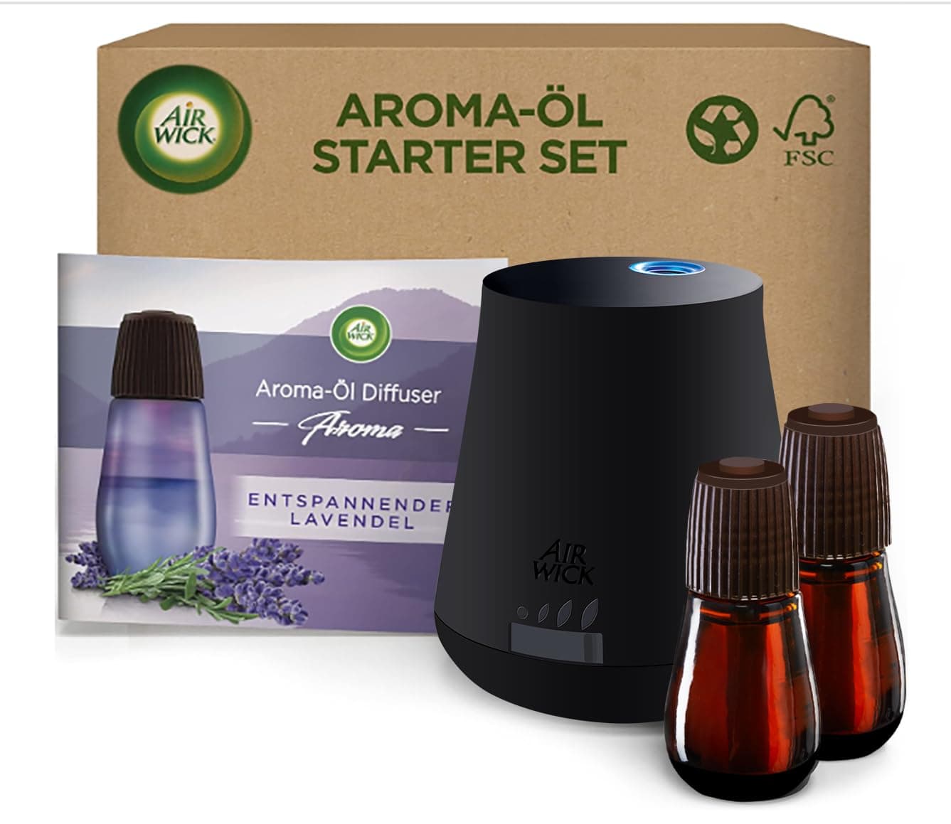 Air Wick Aroma-Öl – Starter Set – Diffuser mit ätherischen Ölen – Raumduft Entspannender Lavendel – 2 x 20 ml Nachfüllern + Gerät
