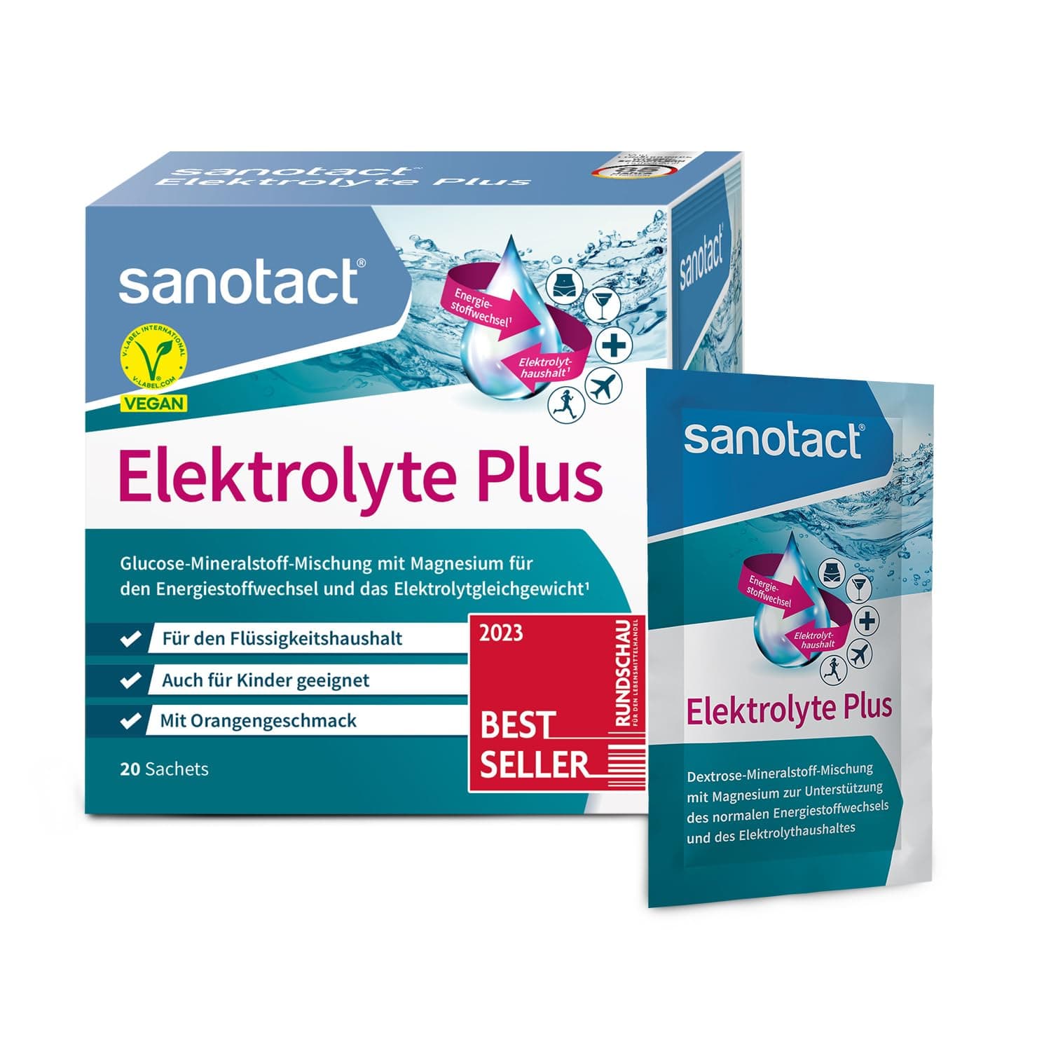 sanotact Elektrolyte Plus (20 Beutel) • Elektrolyt Pulver für Flüssigkeitshaushalt • Kalium & Magnesium für Elektrolytgleichgewicht • 100% Vegan • Recovery Drink • Mit Orangengeschmack Orange 20 Portionen (1er Pack)