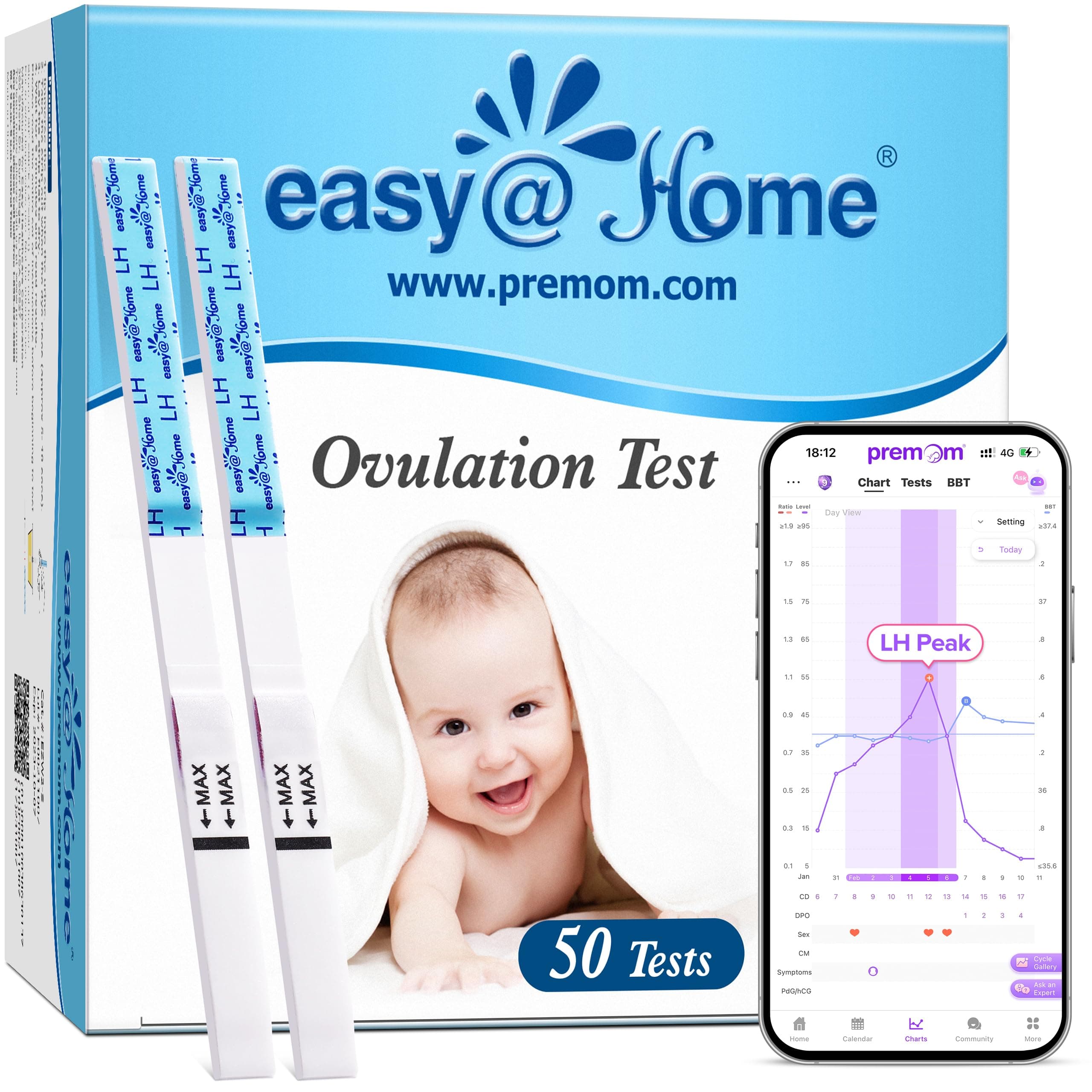 Easy@Home Kinderwunsch 50 x Ovulationstest Fruchtbarkeitstests für Eisprung – Unterstützt durch die kostenlose Premom Ovulation APP, 50 LH Tests 1 stück (50er Pack)