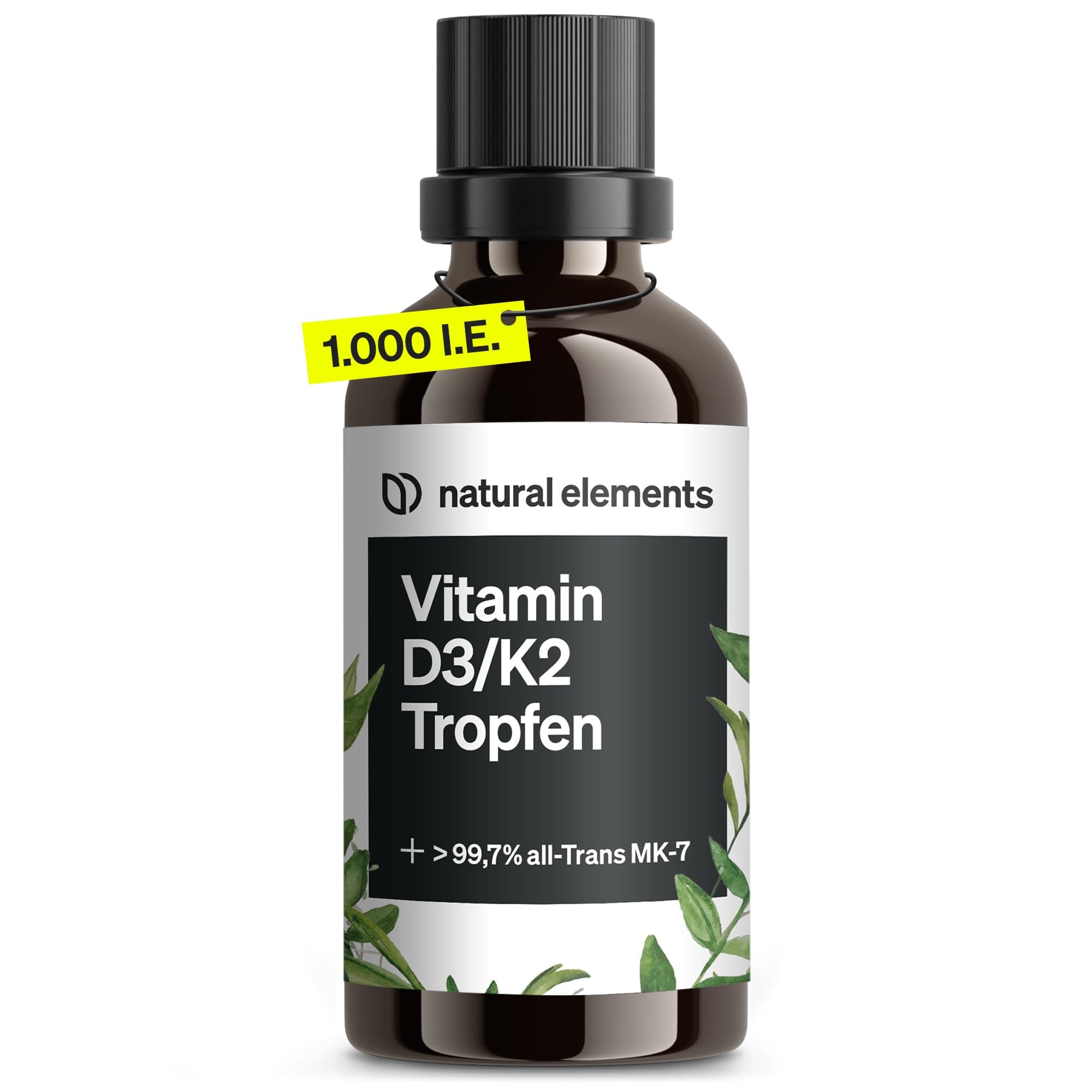 natural elements Vitamin D3 + K2 Tropfen 50ml - Premium: 99,7+% All-Trans (K2VITAL® von Kappa) + hoch bioverfügbares Vitamin D3 - Laborgeprüft, hochdosiert, flüssig und in Deutschland produziert