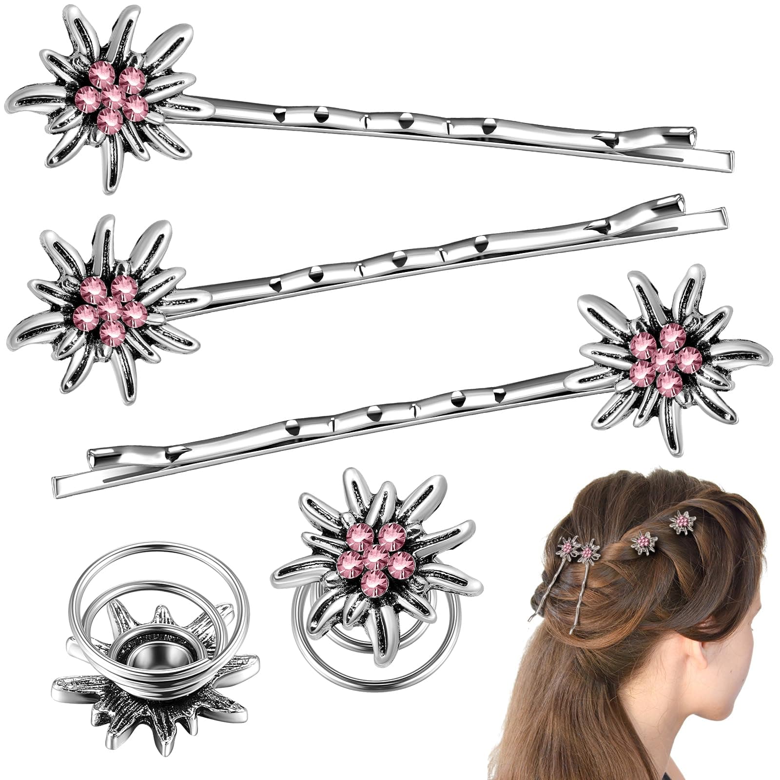Xinnun 5 Stück Traditionelles Strass Edelweiß Haarschmuck Elegante Trachtenschmuck Damen Wellenform Haarspange Federklemmen für Bayerisch Bierfest Dirndlschmuck Trachten Dirndl Accessoires(Rosa)