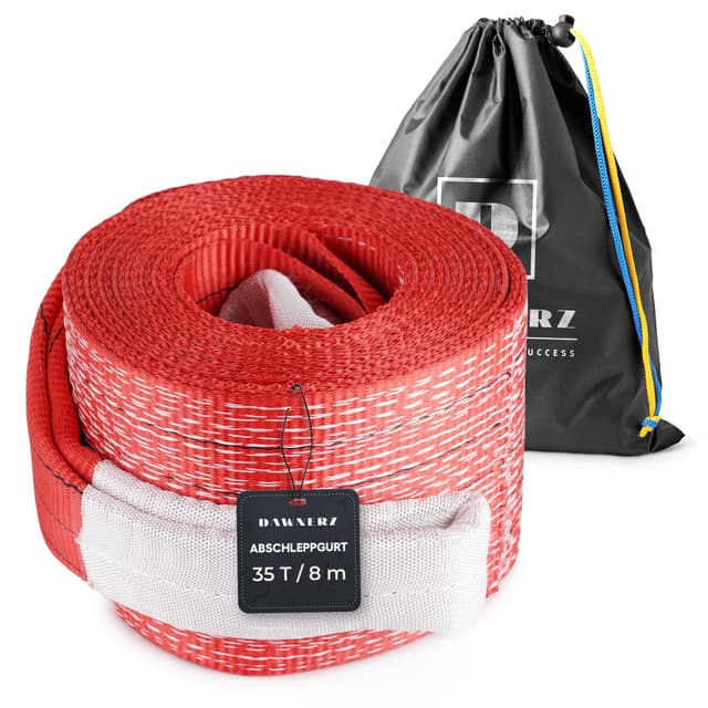 Dawnerz Schwerlast-Abschleppseil 35 Tonnen Bruchfestigkeit, 8m - Notfall-Abschleppgurt mit Dreifach Verstärkten Schlaufen - Hochleistungs-Offroad-Schleppseil für Bus und Schwerlastwagen 35 tonn, 8m