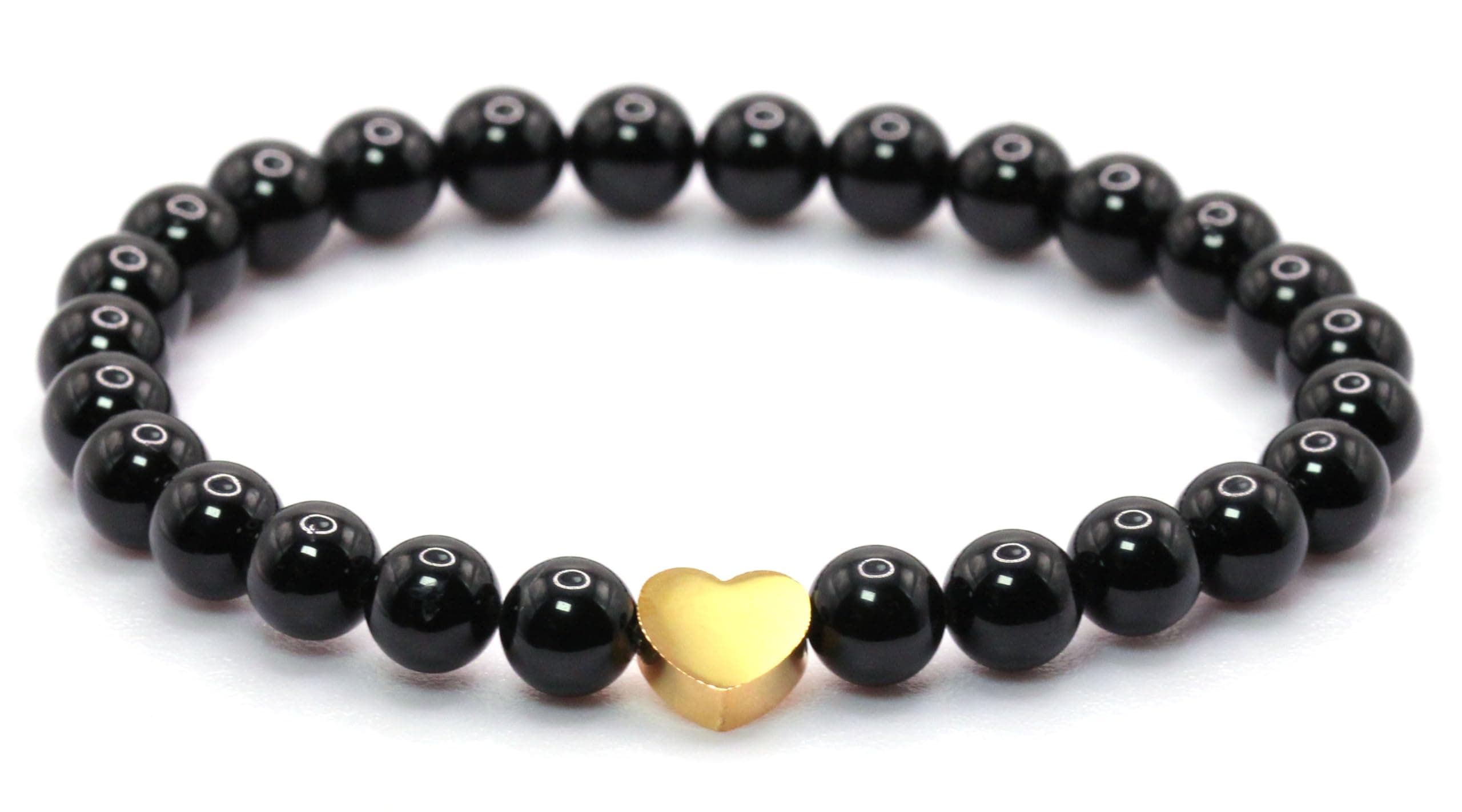 Echtes Schwarzer Turmalin Edelstein Armband mit 6mm Perlen und Edelstahlherz - verschiedene Längen - Heilstein Schutzstein Talisman Glücksbringer Geschenk (Schw. Turm., 18CM) M - 18 CM Schwarzer Turmalin