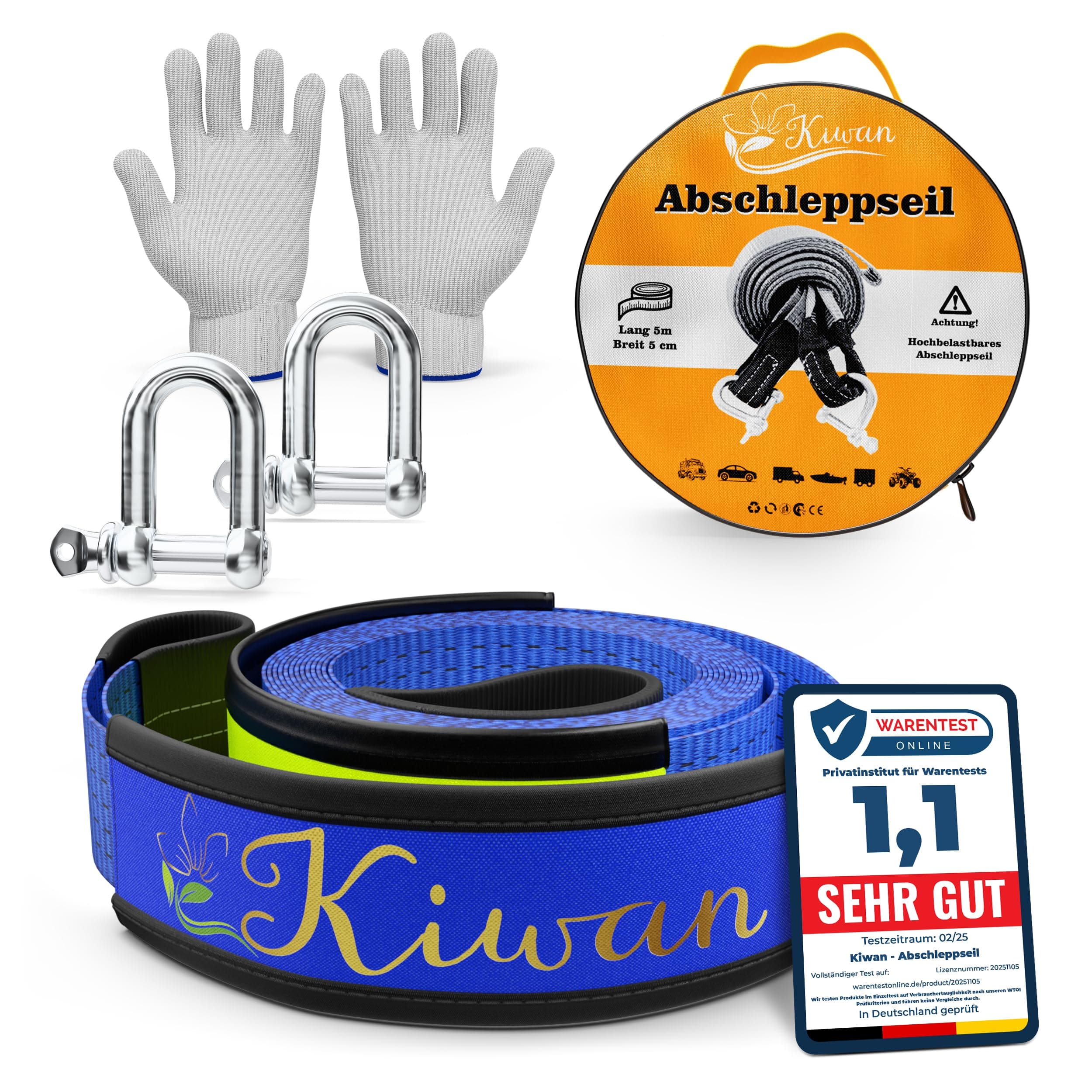 Kiwan Abschleppseil Offroad Zubehör Set 10 Tonnen, 5M x 5CM – Geprüfte Qualität – Reißfester Bergungsgurt für Wohnmobil, Auto, LKW, Pkw – Notfall Abschleppseil für Geländefahrzeuge. Blau