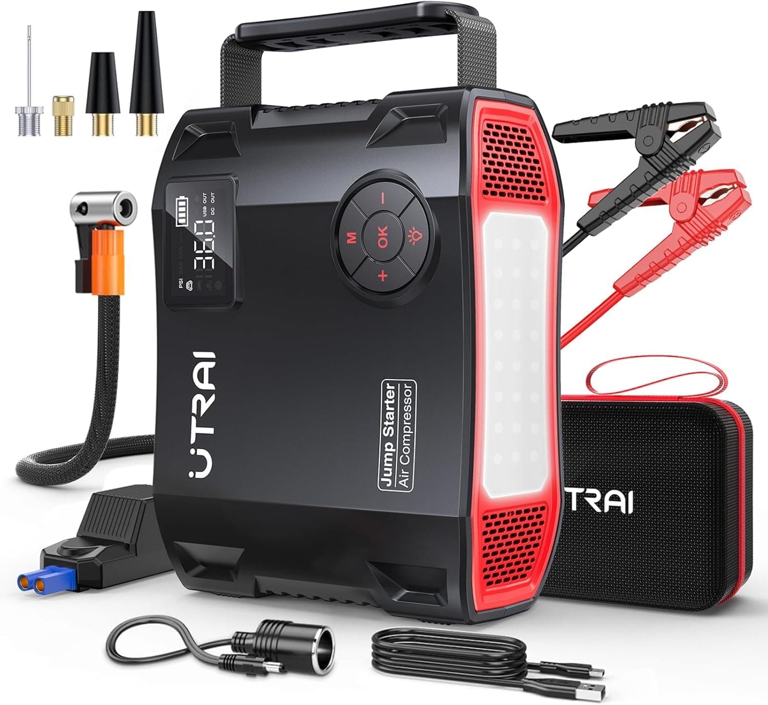 UTRAI 7000A Starthilfe Powerbank für Pkw, 27000mAh Booster Auto Starthilfe Powerbank mit Kompressor, 1600 Lumen LED Taschenlampe, QC3.0, 160W DC-Ausgang, Jump Starter für All Benzin, 12L Dieselmotor