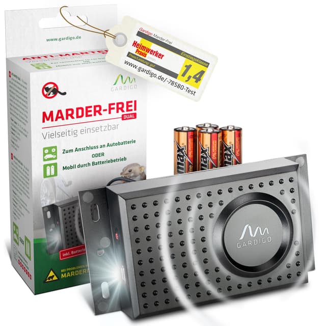 Gardigo® Marderschreck - Marder-Frei Dual mit Batterien | Mobile Marderabwehr für KFZ, Haus, Dachboden, Garage | Schall und Blitzlicht | Anschluss an 12V Autobatterie oder Batteriebetrieb möglich