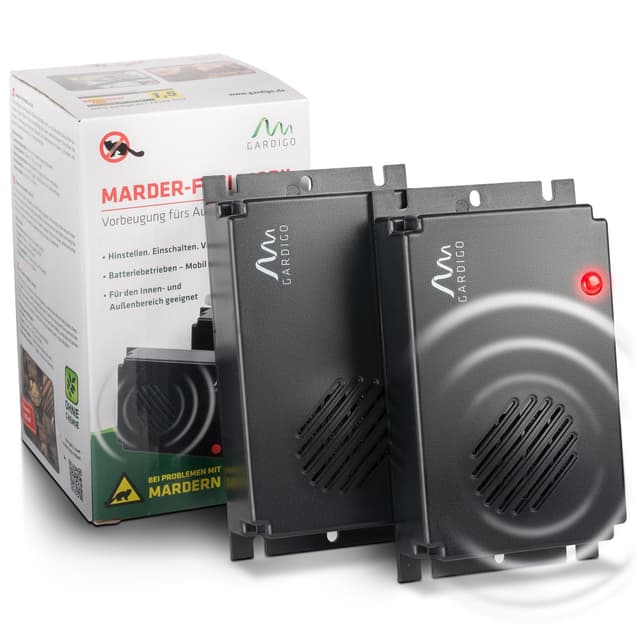 Gardigo® Marderschreck Marder-Frei Mobil - 2er Set | Marderschreck Auto | Ultraschall Marderabwehr | Marderschreck Auto Batteriebetrieben | Marderschutz für KFZ, Motorraum, Dachboden, Haus, Garten