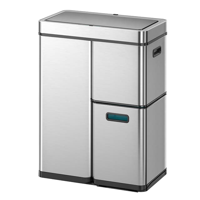 EKO Mirage Plus Mülltrennsystem mit 3 Fächer, 2 x 15 L und 30 L, Recycler Mülleimer mit Sensor, 3 Kunststoff Inneneimer, Automatischer Abfalleimer mit Deckel, großer Mülleimer Küche 60l, Edelstahl 30+15+15 Liter