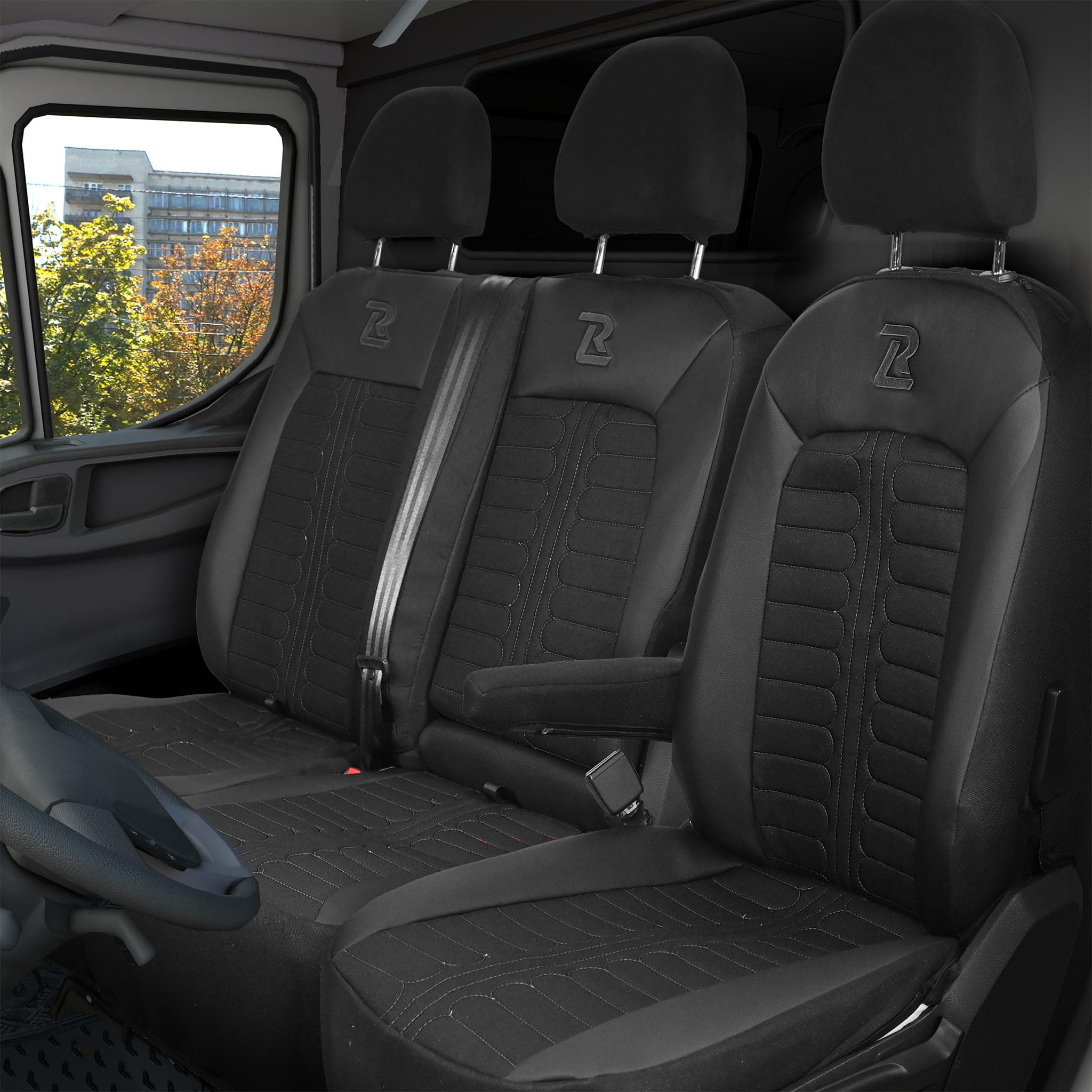 LUCARO Sitzbezüge Auto für Volkswagen Crafter 2, Man TGE 1+2 Schwarz Auto Sitzbezüge Man TGE, Volkswagen Crafter 2 - Robuster und Bequemer Sitz - Ergonomische Car Seat Cover - Öko-Leder-Sessel