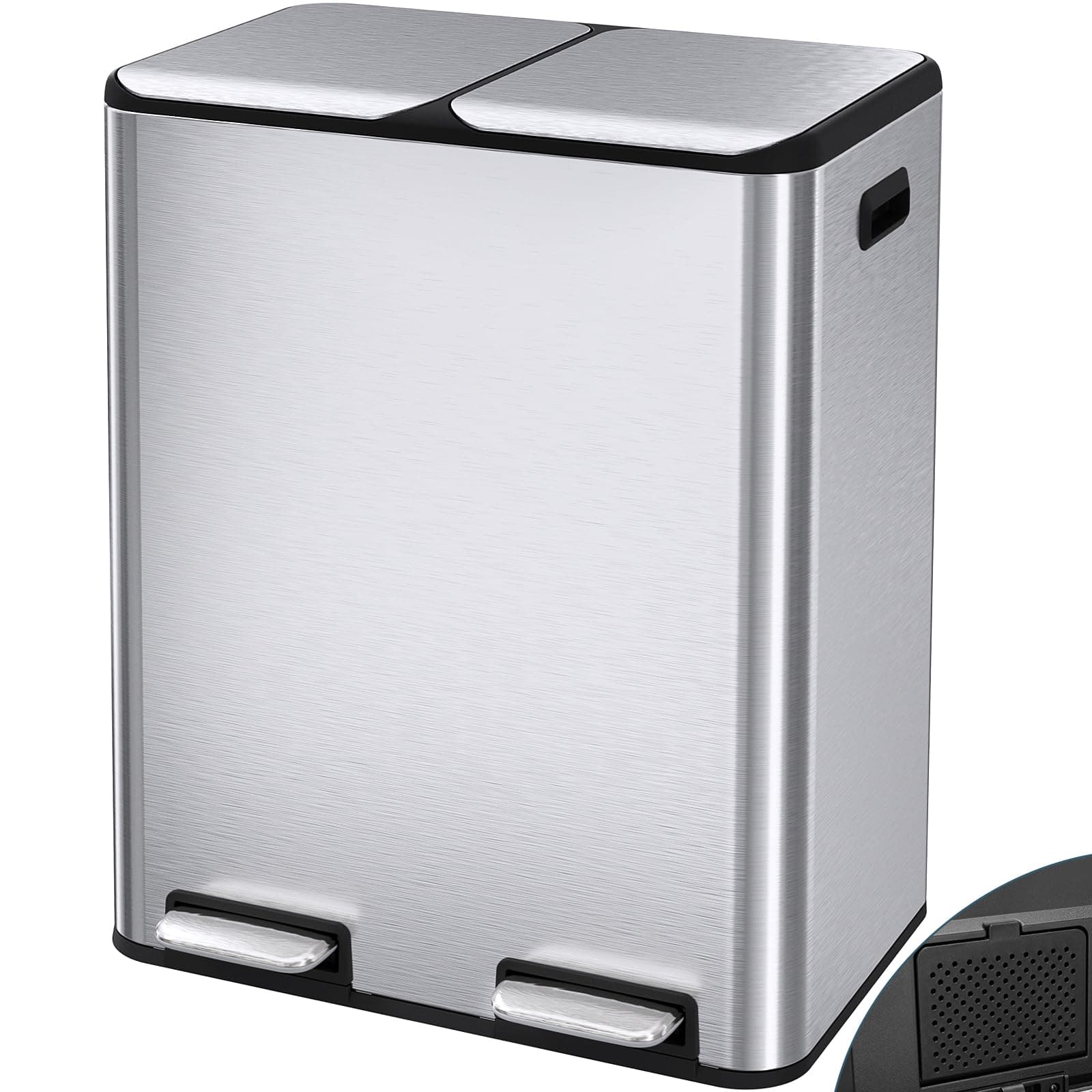 LIFERUN Mülleimer 2 Fächer, 2 x 30 Liter Treteimer mit Geruchsfilter, Deckel Geräuschlos, Inneneimer aus Kunststoff, Mülltrennsystem, Metall Doppelter Abfalleimer für Küche Büro, Silber Angebot bei HelloDeals