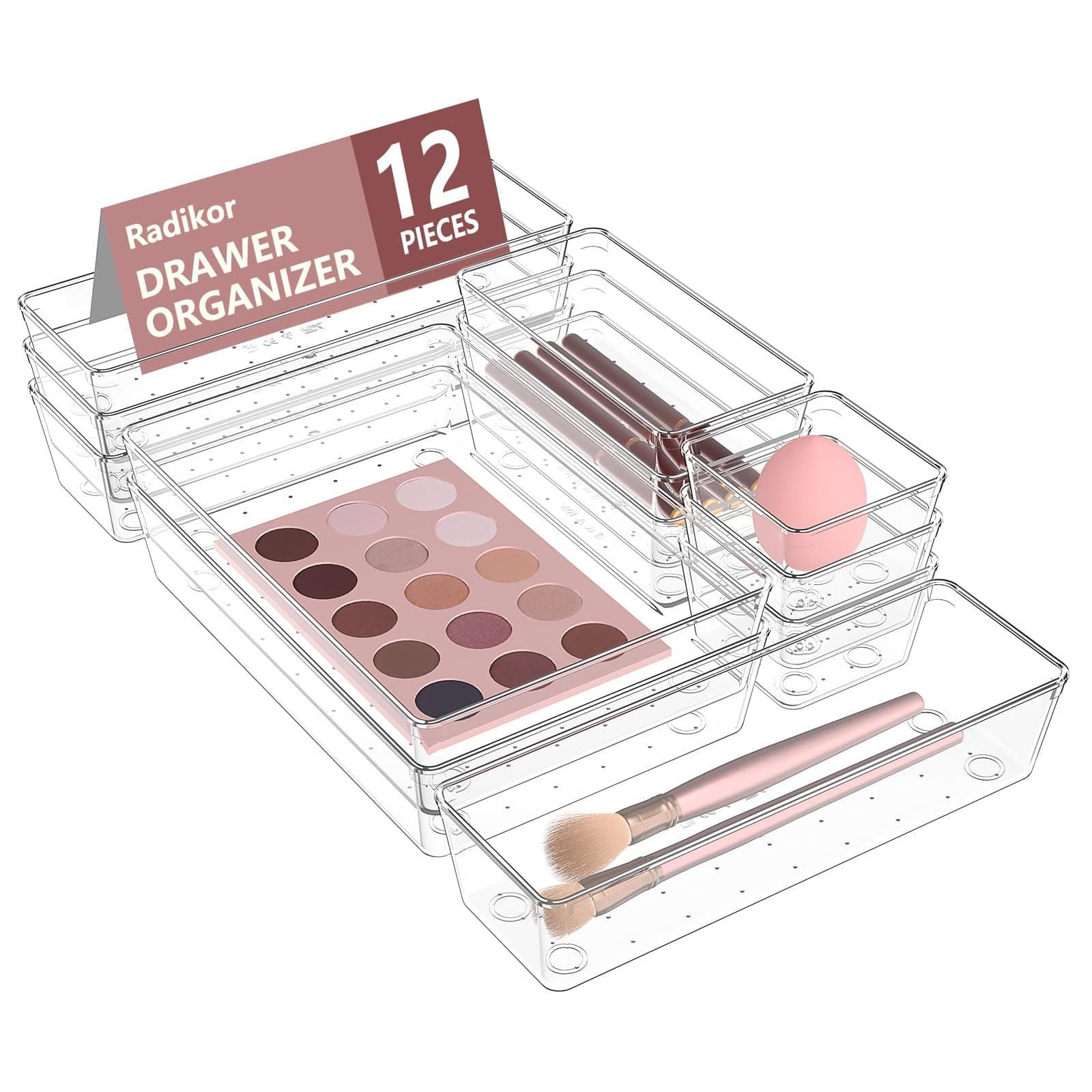 Radikor Schubladen Organizer, 12 Stücke Schminktisch Organizer in 4 Größen, Drawer Organizer, Make Up Organizer, Schubladen Ordnungssystem für Schreibtisch, Büro, Küchen, Bad 12 Pack Transparent