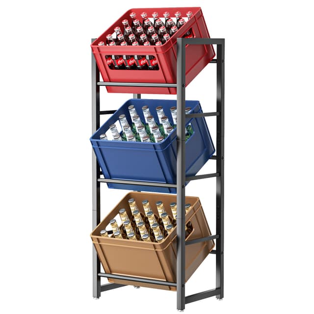 jockcaras Getränkekistenregal für 3 Getränkekisten - Schwarz Metall Getränkeregal, Stabil & Platzsparend Kistenregal mit 3 Ebenen für Bier, Obst, Gemüse, Wasser - Für Wohnzimmer, Küche & Keller 3 Kisten