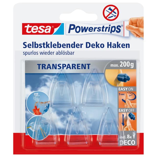 tesa Powerstrips DECO Haken SMALL - Klebehaken für Deko an Glas und Spiegel - bis zu 200 g Haltekraft 5x 0,2kg / Glas & Spiegel