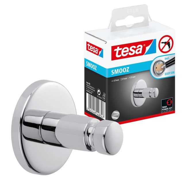 tesa SMOOZ Klebehaken, verchromt, runde Form - Bad-Haken zur Wandbefestigung ohne Bohren, inkl. Klebelösung - 37 mm x 37 mm x 37 mm rund Klebehaken