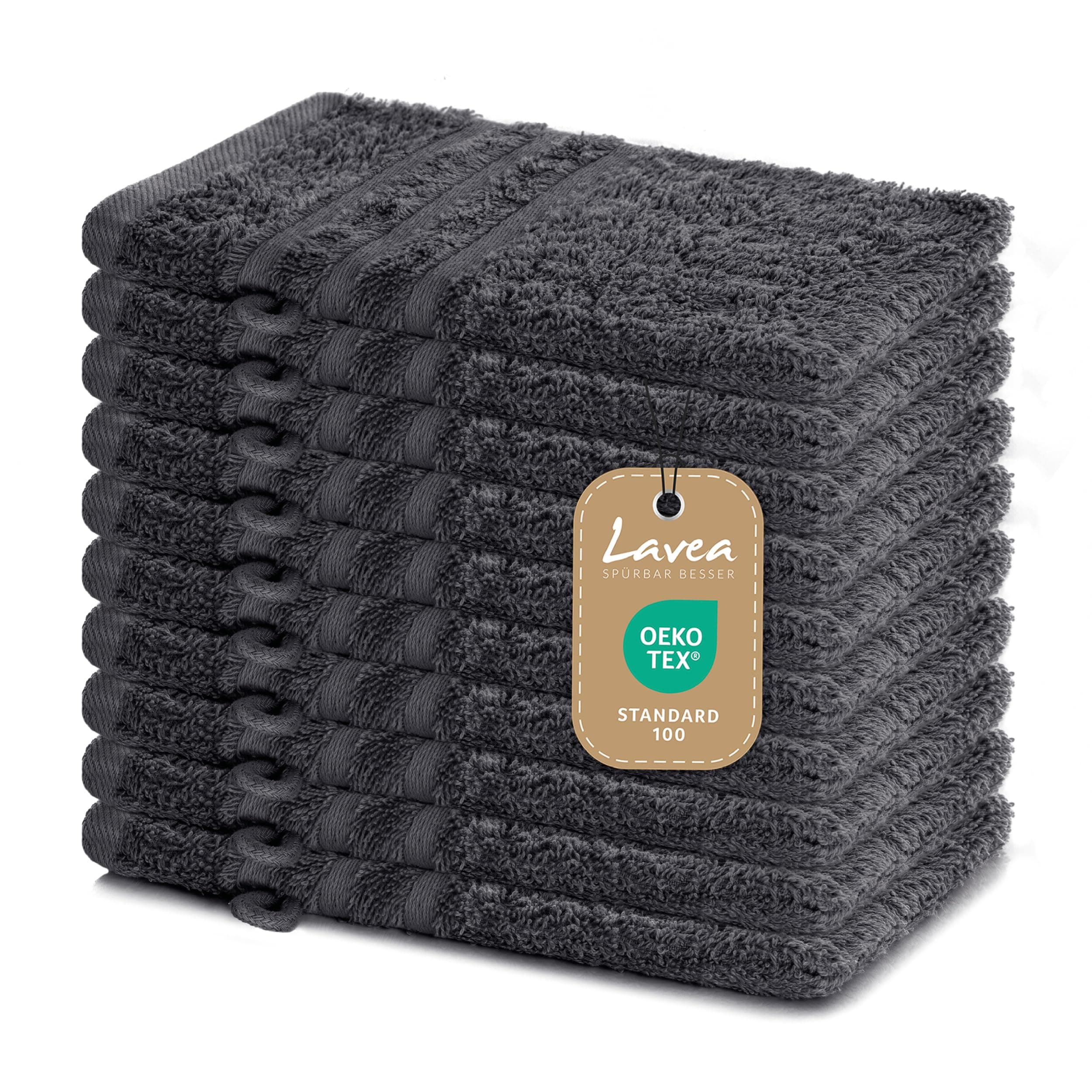 Lavea 10er Set Waschhandschuh 15x21 cm – Saugstarke und Weiche Waschhandschuhe aus 100% Baumwolle, Frottierserie Elena – Waschbar und Strapazierfähig – Anthrazit 10teilig - 15 x 21 cm Anthrazit
