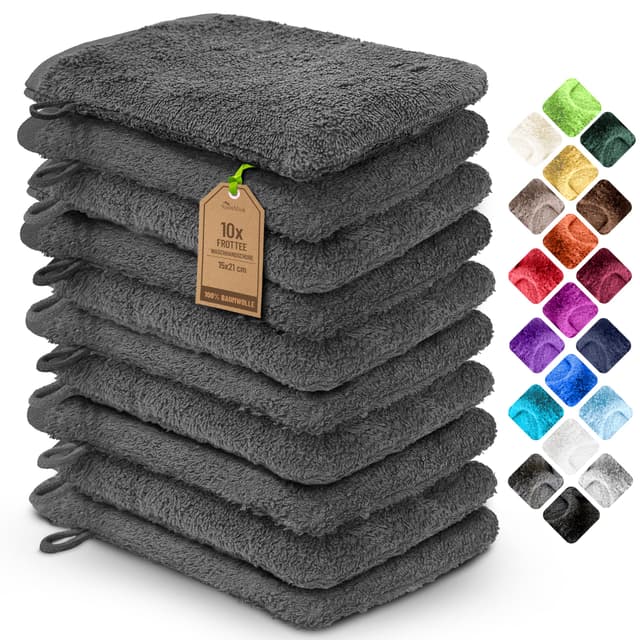 NatureMark 10x Waschhandschuhe aus Frottee 100% Baumwolle – Weich und Robust, Ideal für die tägliche Pflege und Gäste – Anthrazit Grau, 15x21 cm