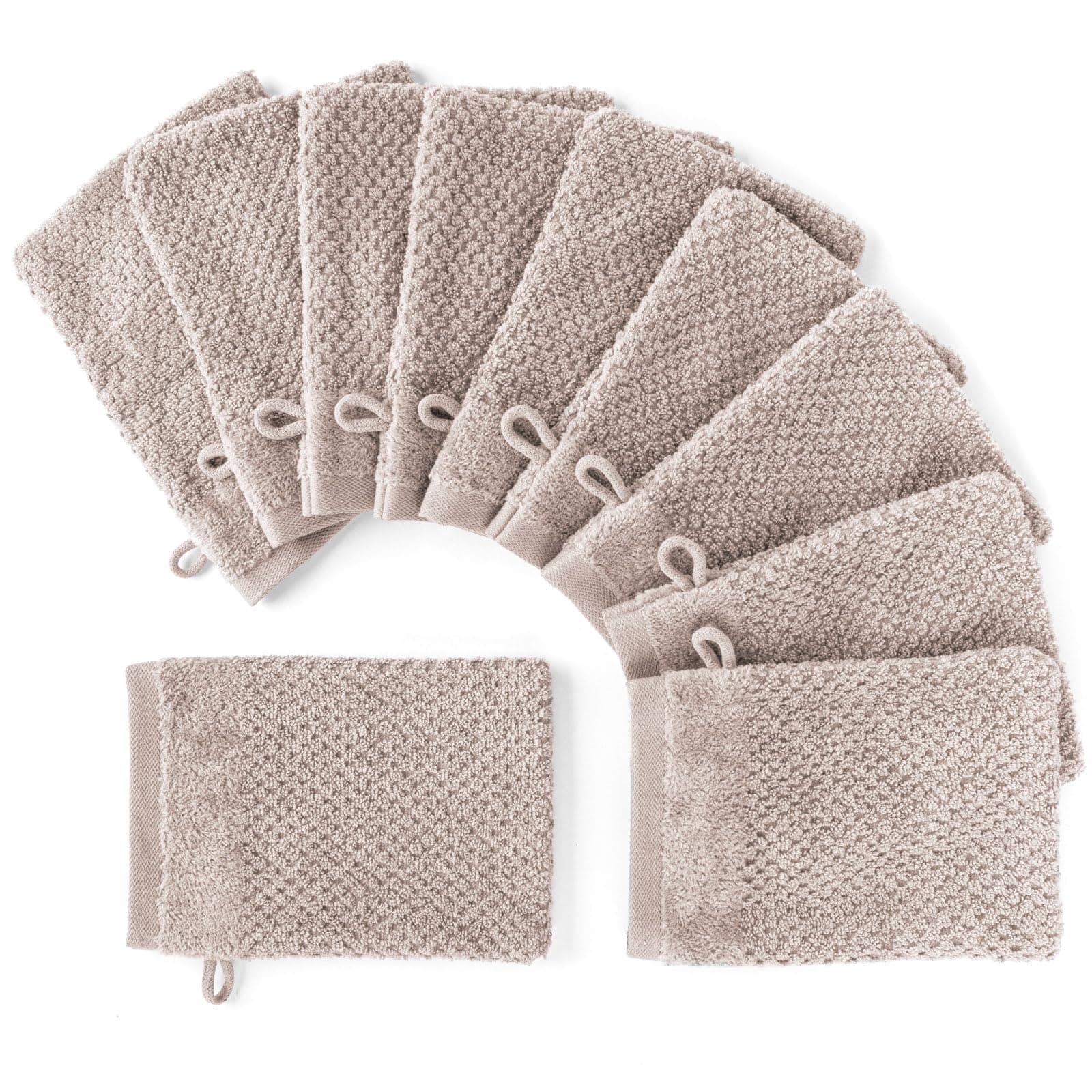 Pure Label 10-TLG. Waschhandschuh Waschlappen Set mit Anhängeschlaufe aus 100% Baumwolle, saugstark, weich und Oeko-TEX Zertifiziert - 10 Waschlappen aus Baumwolle 16x21cm, Stein - Taupe Waschlappen 16x21cm - 10er Set 03 Stein