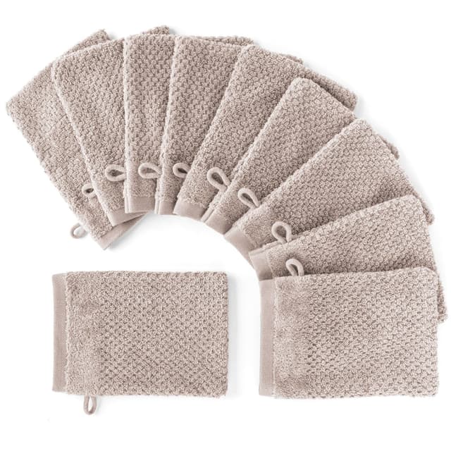Pure Label 10-TLG. Waschhandschuh Waschlappen Set mit Anhängeschlaufe aus 100% Baumwolle, saugstark, weich und Oeko-TEX Zertifiziert - 10 Waschlappen aus Baumwolle 16x21cm, Stein - Taupe Waschlappen 16x21cm - 10er Set 03 Stein
