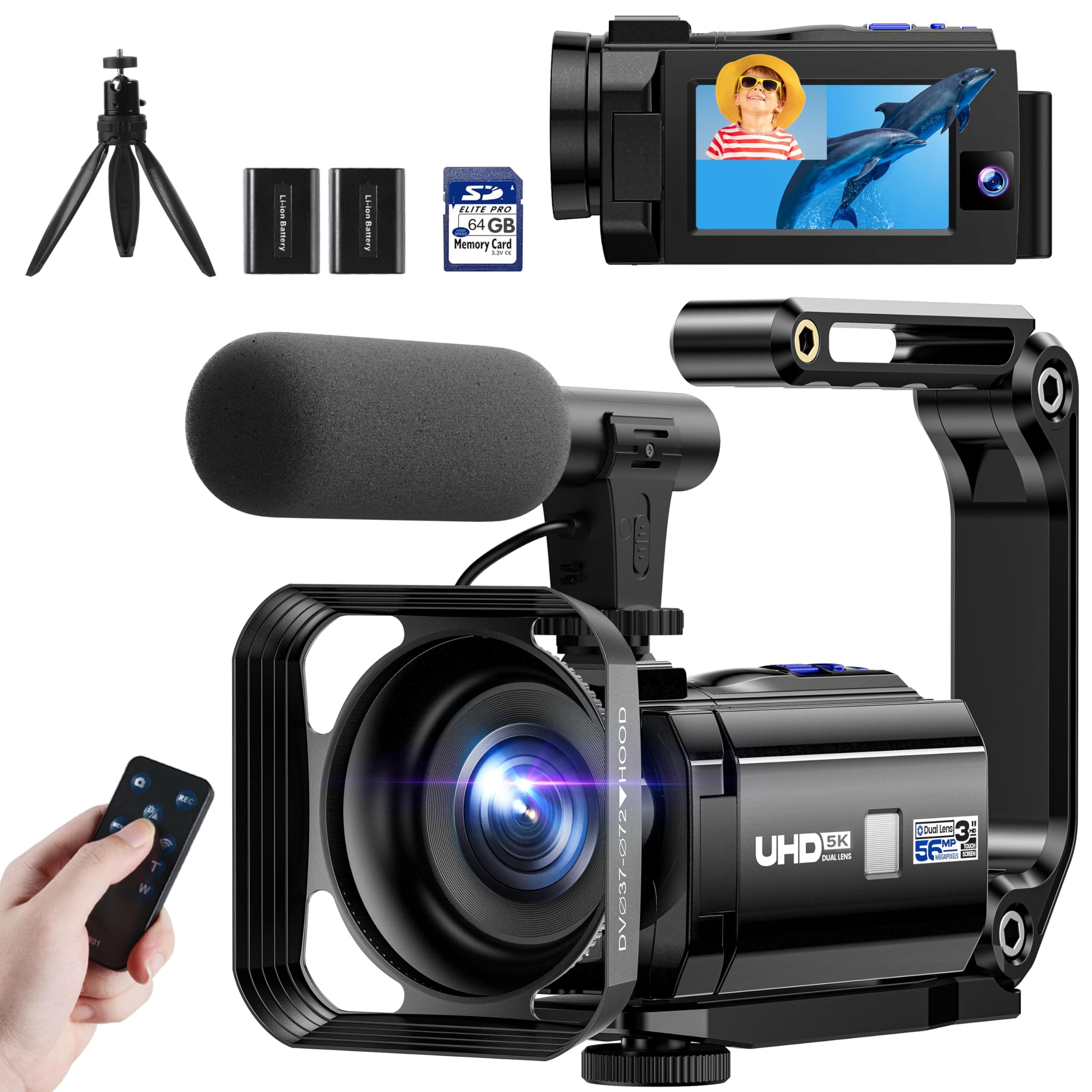 Camcorder Videokamera 5K 56MP Doppelobjektiv WiFi 16X Digitalzoom 3" Touchscreen Vlogging Kamera für YouTube IR Nachtsicht Camera mit 2 Batterien,64GB Karte,Mikrofon,Gegenlichtblende,Fernbedienung