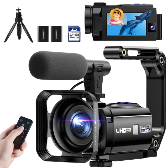 Camcorder Videokamera 5K 56MP Doppelobjektiv WiFi 16X Digitalzoom 3" Touchscreen Vlogging Kamera für YouTube IR Nachtsicht Camera mit 2 Batterien,64GB Karte,Mikrofon,Gegenlichtblende,Fernbedienung