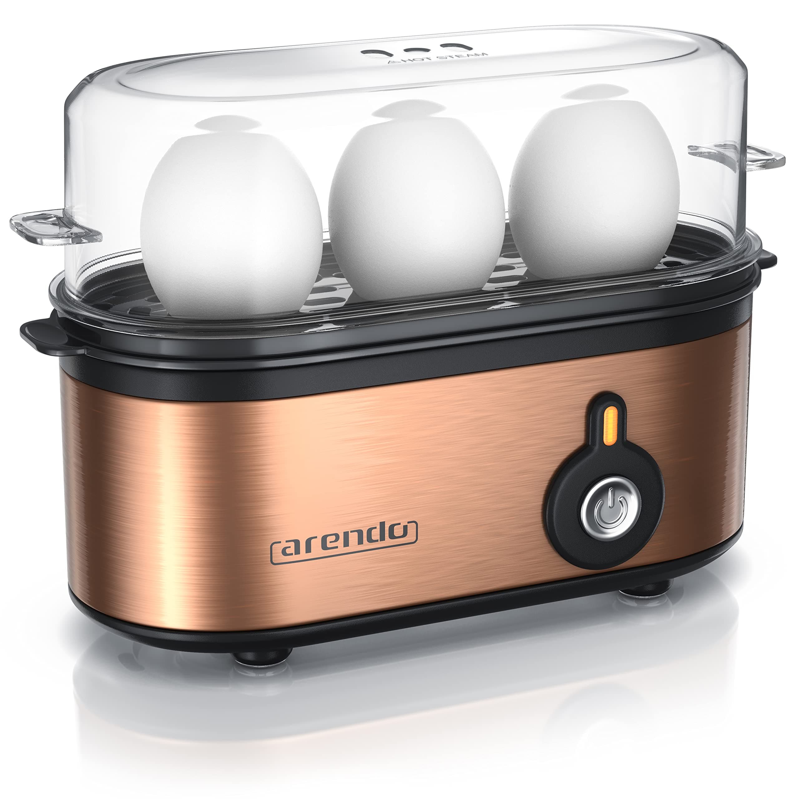 Arendo - Edelstahl Eierkocher Threecook - Egg Cooker - EIN AUS-Schalter - Wählbarer Härtegrad - 210 W - 1-3 Eier - GS - BPA-frei Kupfer