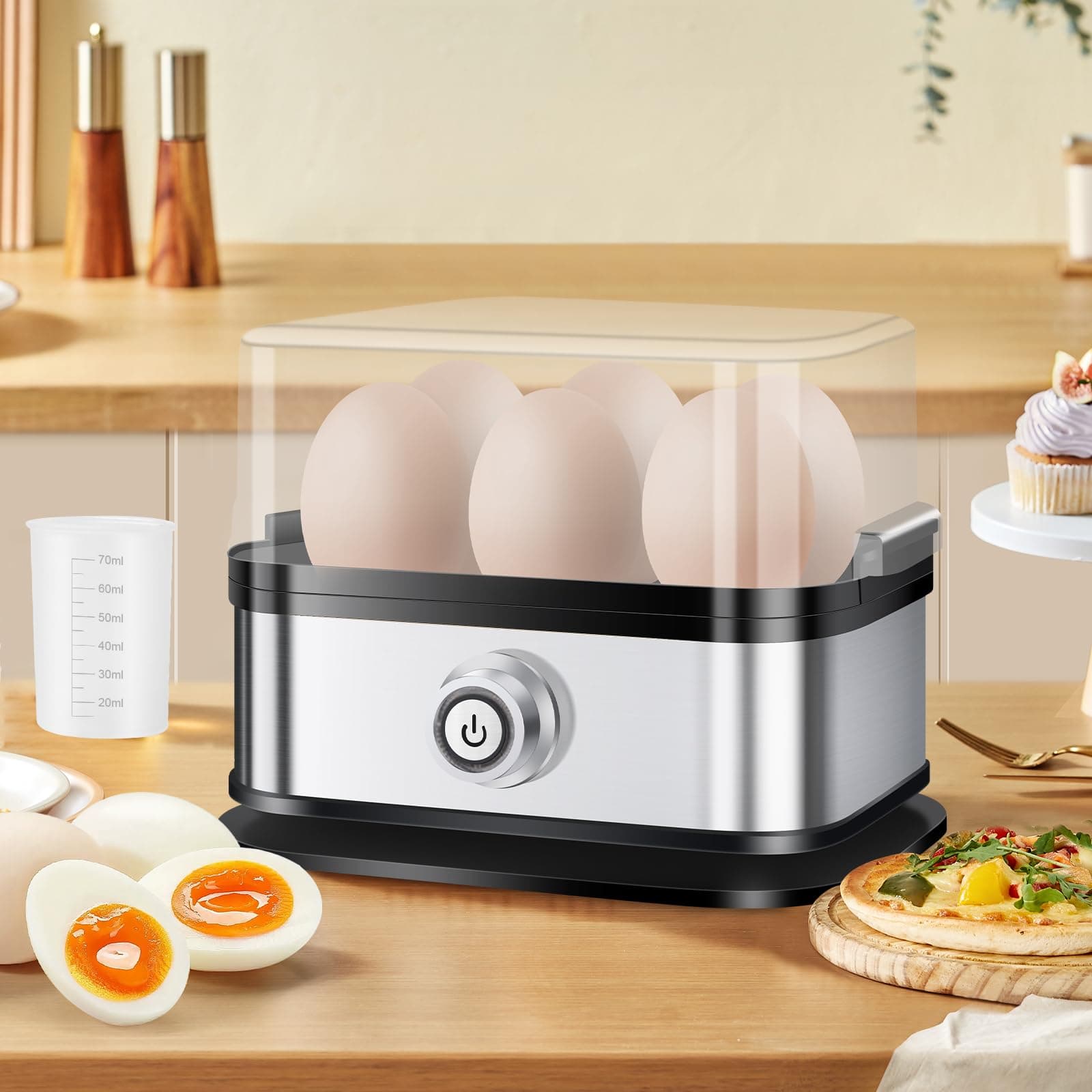 Eierkocher 6 Eier, Eierkocher Edelstahl, 200 W, One-Touch-Start, Warmhaltefunktion, BPA-frei, leicht zu reinigen mit PTC-Temperaturregelung, Anti-Trockenbrennen, Messbecher inklusive