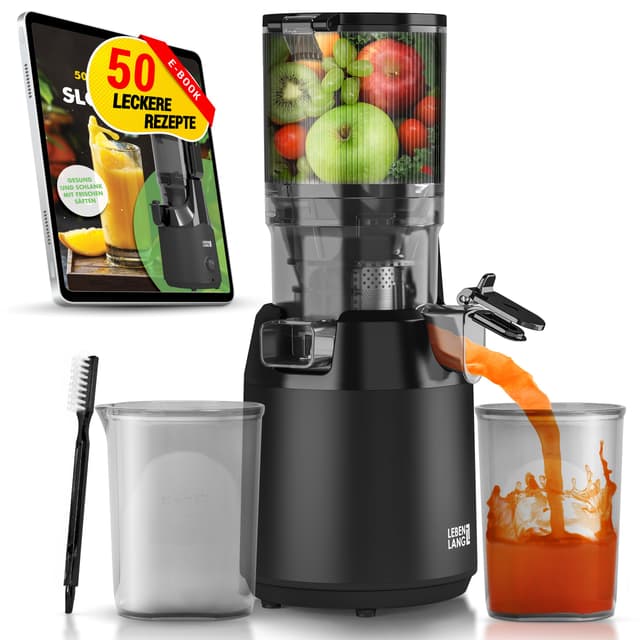 LEBENLANG Entsafter Slow Juicer - Inkl. Rezeptbuch & Große 135mm Öffnung I Perfekt für Obst ganze Früchte und Gemüse 100% BPA-Frei I Best Juicer Machine Saftpresse elektrisch Masticating Green Press