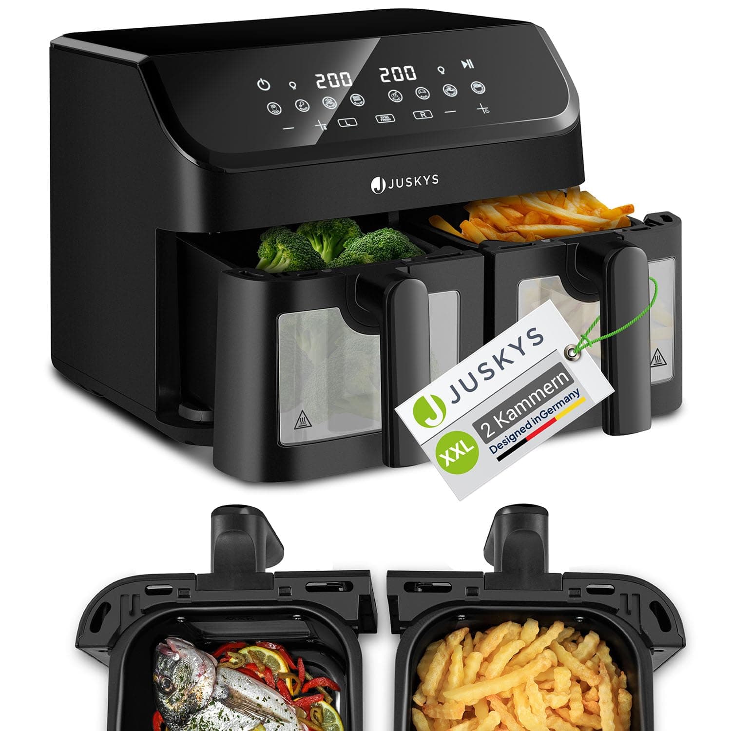 Juskys Airfryer 9 L Doppelkammer - Heißluftfrittuese 2 Kammern, 9 Programme, beschichtet, XXL Frittuese