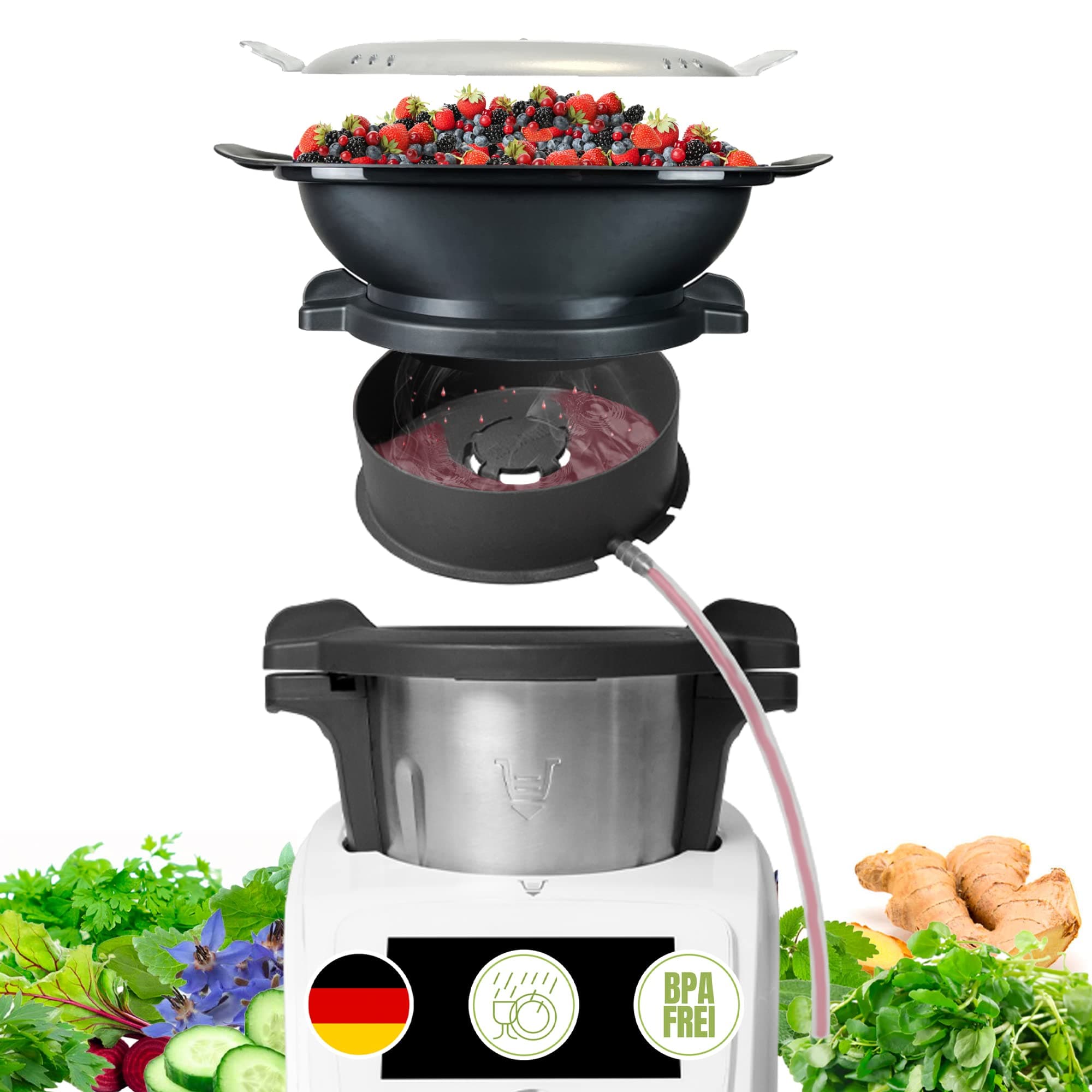 MixFino Dampfentsafter für Monsieur Cuisine Connect, Smart & Trend – Zubehör zum Entsaften großer Mengen Obst & Gemüse ohne Pressen, Made in Germany