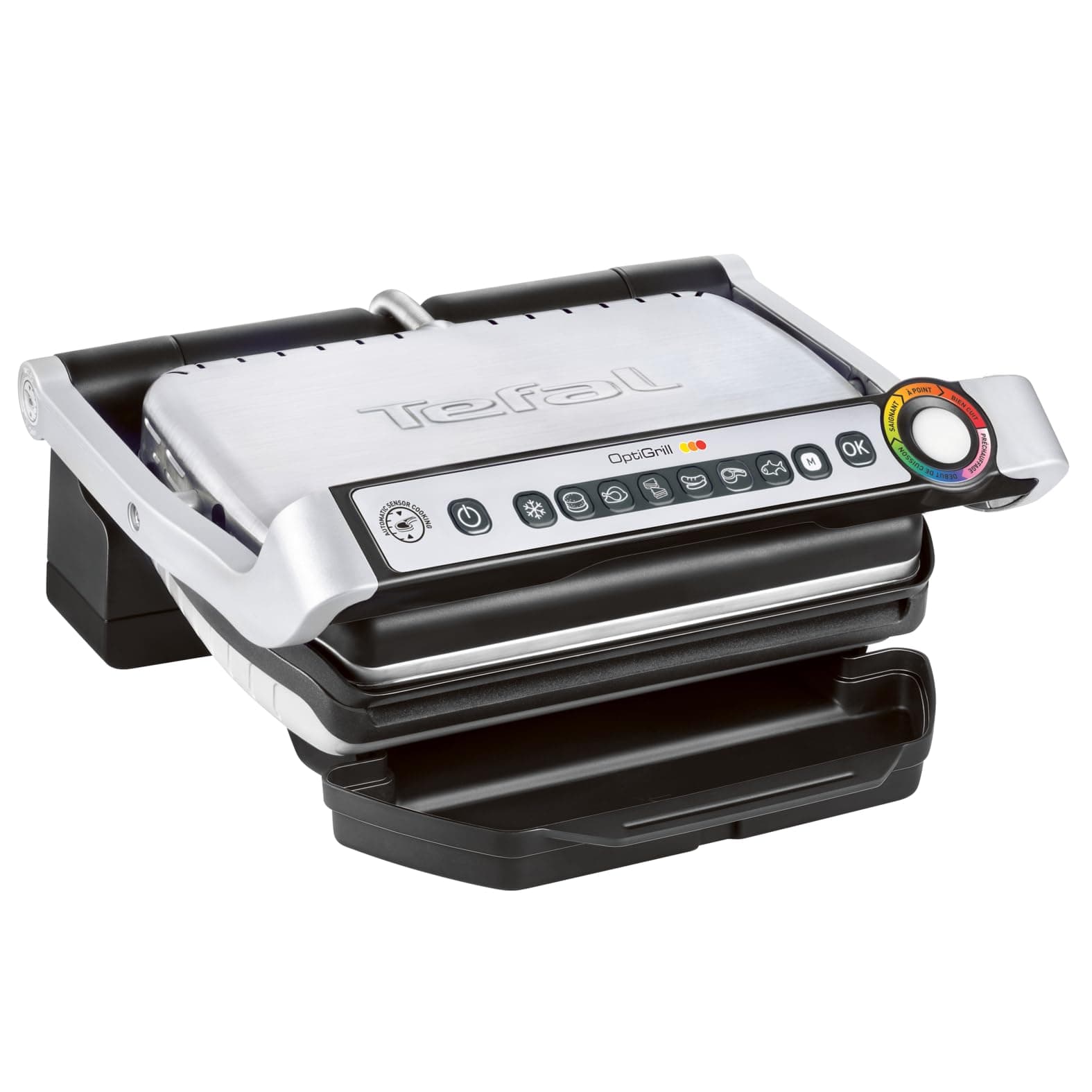 Tefal OptiGrill Kontaktgrill, 6 automatische Programme, Garstufenanzeige, passt Temperatur und Grillzyklus ans Grillgut an, antihaftbeschichtete abnehmbare Platten, Elektrogrill, Edelstahl, GC705D16