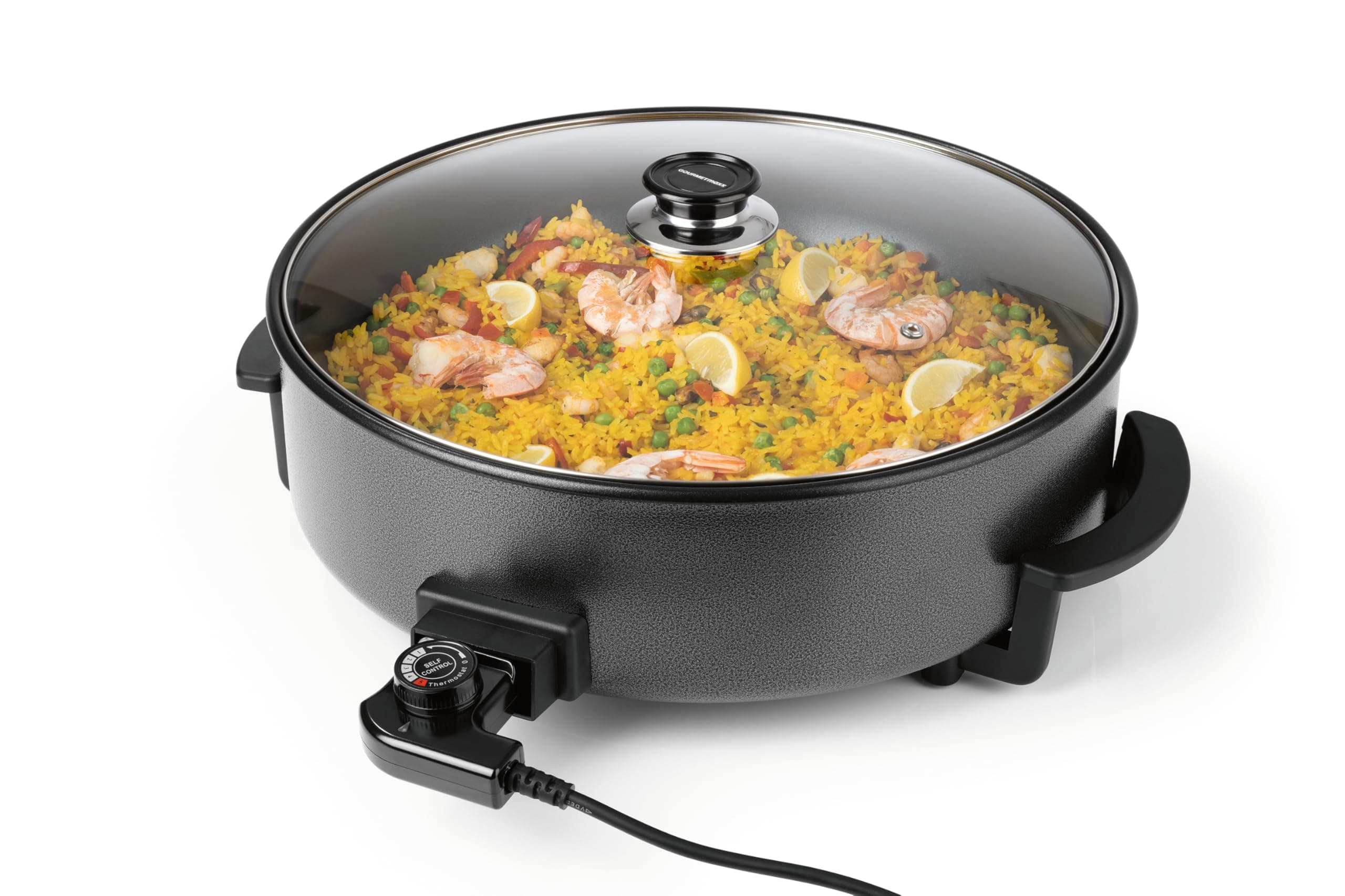 GOURMETmaxx elektrische Pizza-Pfanne mit Thermostat, Glasdeckel & Antihaftbeschichtung | Multifunktionspfanne mit ⌀ 42 cm Durchmesser & 1500 Watt | Pizza Pan - ideal für Partys ⌀ 42 cm | 8 Liter