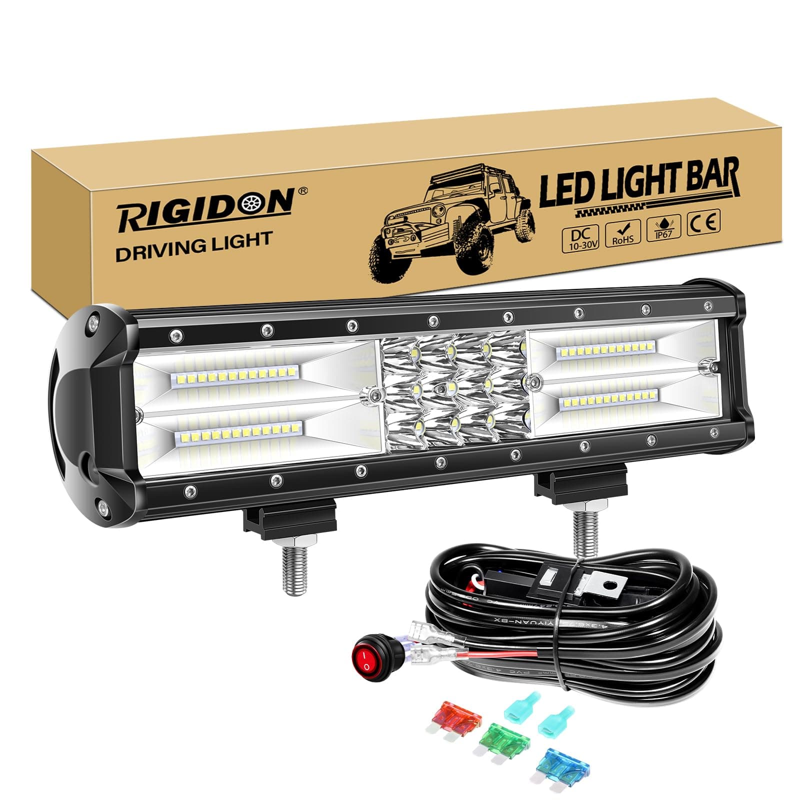 RIGIDON 12 Zoll 30cm 180W Wasserdichte Led lichtleiste kfz mit 12v kabelbaum kit, Offroad beleuchtung bar für Auto SUV UTV ATV, LKW 4x4, Fahrzeuge, 6000K Weiß led nebelscheinwerfer, Led arbeitslicht 12 Zoll 180W mit kabelbaum