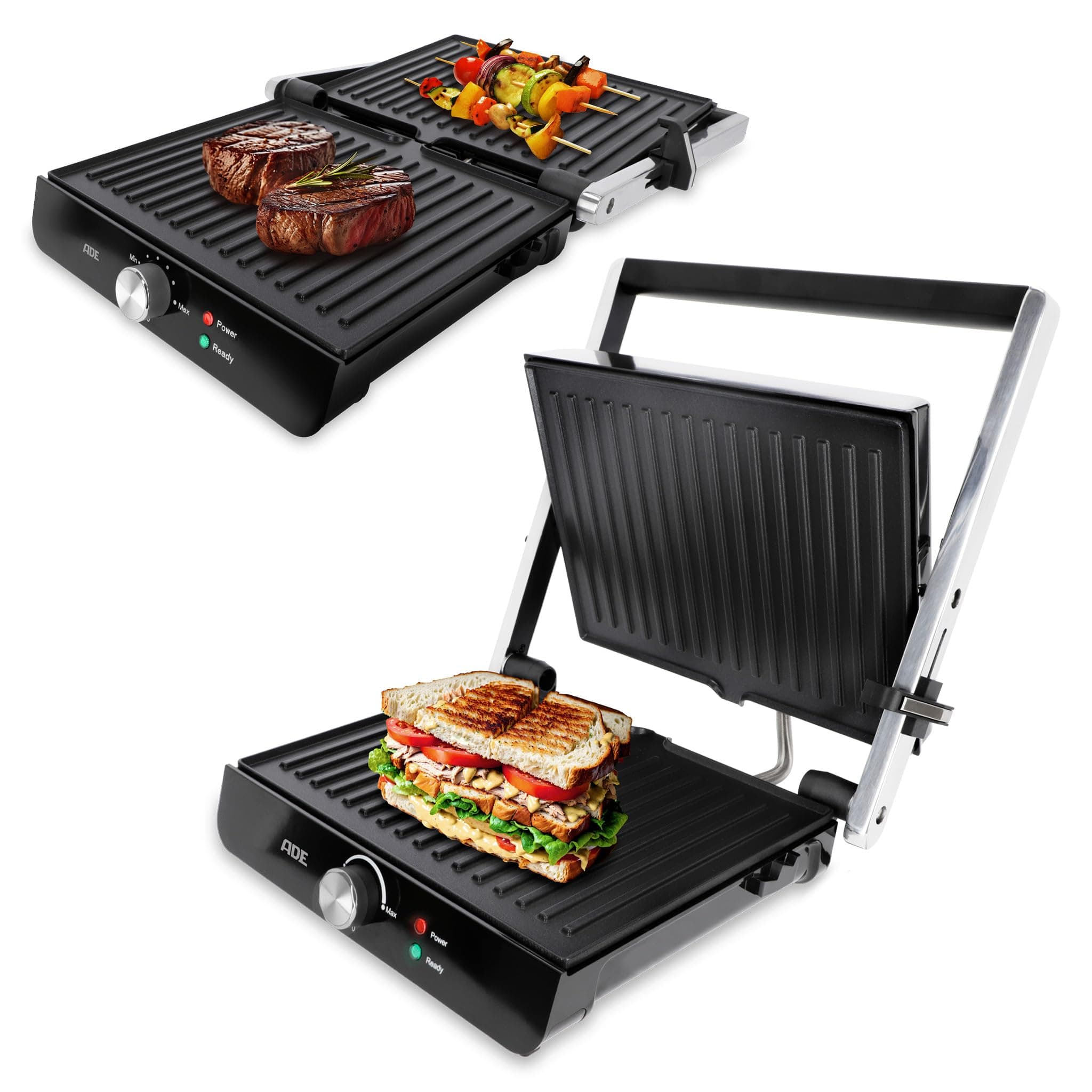 ADE Kontaktgrill 2.000 Watt | Elektrogrill für Balkon | antihaftbeschichteter Sandwichmaker 3 in 1 | Paninitoaster & Tischgrill elektrisch 180° aufklappbar | für Sandwiches, Steaks, Gemüse, Panini Silber
