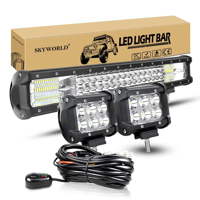 LED Arbeitsscheinwerfer Bar SKYWORLD 50cm 288W Lightbar Offroad Scheinwerfer Zusatzscheinwerfer 12V 24V + 2 x 10cm 18W LED Scheinwerfer mit Kabelbaum-Kit für 4x4 LKW Auto Traktor SUV UTV ATV 3-reihig 20" + 4" Spot + Verkabelung