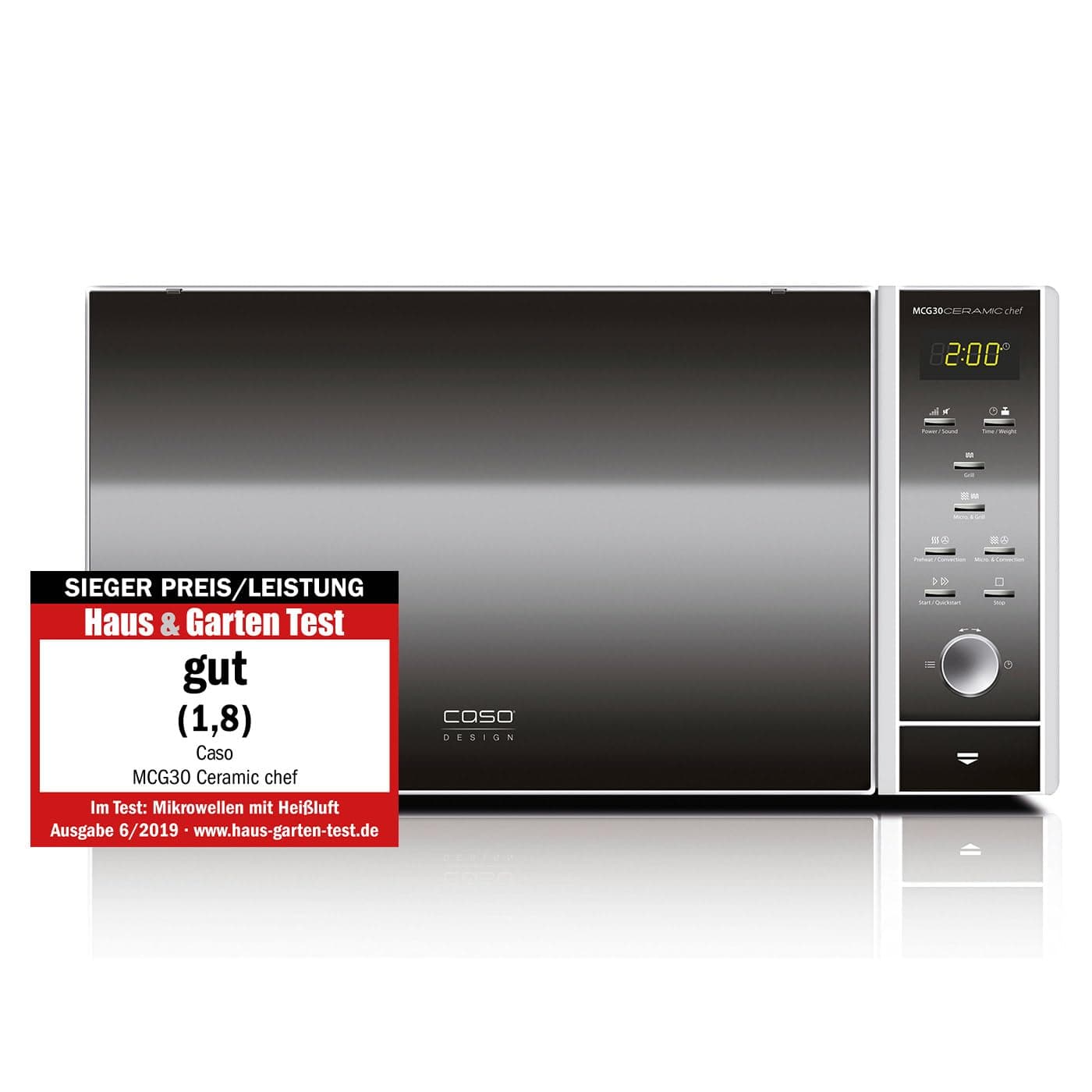 CASO MCG30 Ceramic chef Testsieger Haus & Garten Test, 3in1 Mikrowelle mit Grill + Heißluft 2100W 30L, Borosilikatglasboden, Backofen-Funktion bis 200°C 30 Liter Keramikboden Single