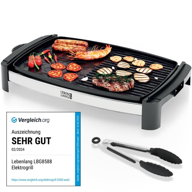 LEBENLANG Tischgrill Elektrisch 2000W - Inkl. Grillzange I 45x30cm I Plancha Elektrogrill für Balkon Innen & Außen I Elektrischer Teppanyaki Balkongrill Grill Elektrische Grillplatte Elektrogrills Manueller Tischgrill - LBG8588