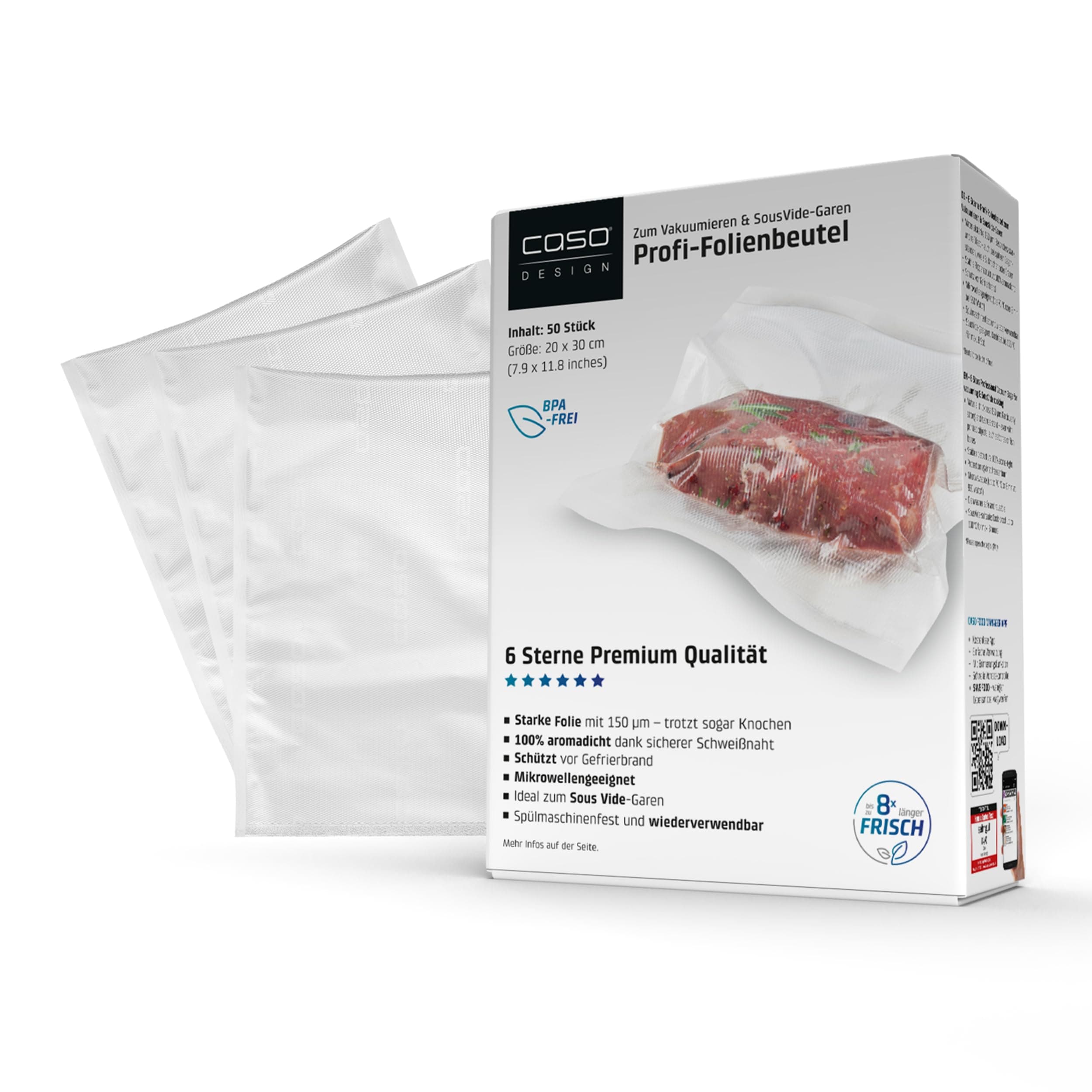 CASO 6 Sterne Profi-Folienbeutel 20x30 cm, 50 Beutel, Vakuumierbeutel für alle Vakuumierer, stark und reißfest ca.150 μm, Vakuumbeutel Lebensmittel Vakuumiergerät, BPA-frei 20x30cm Beutel