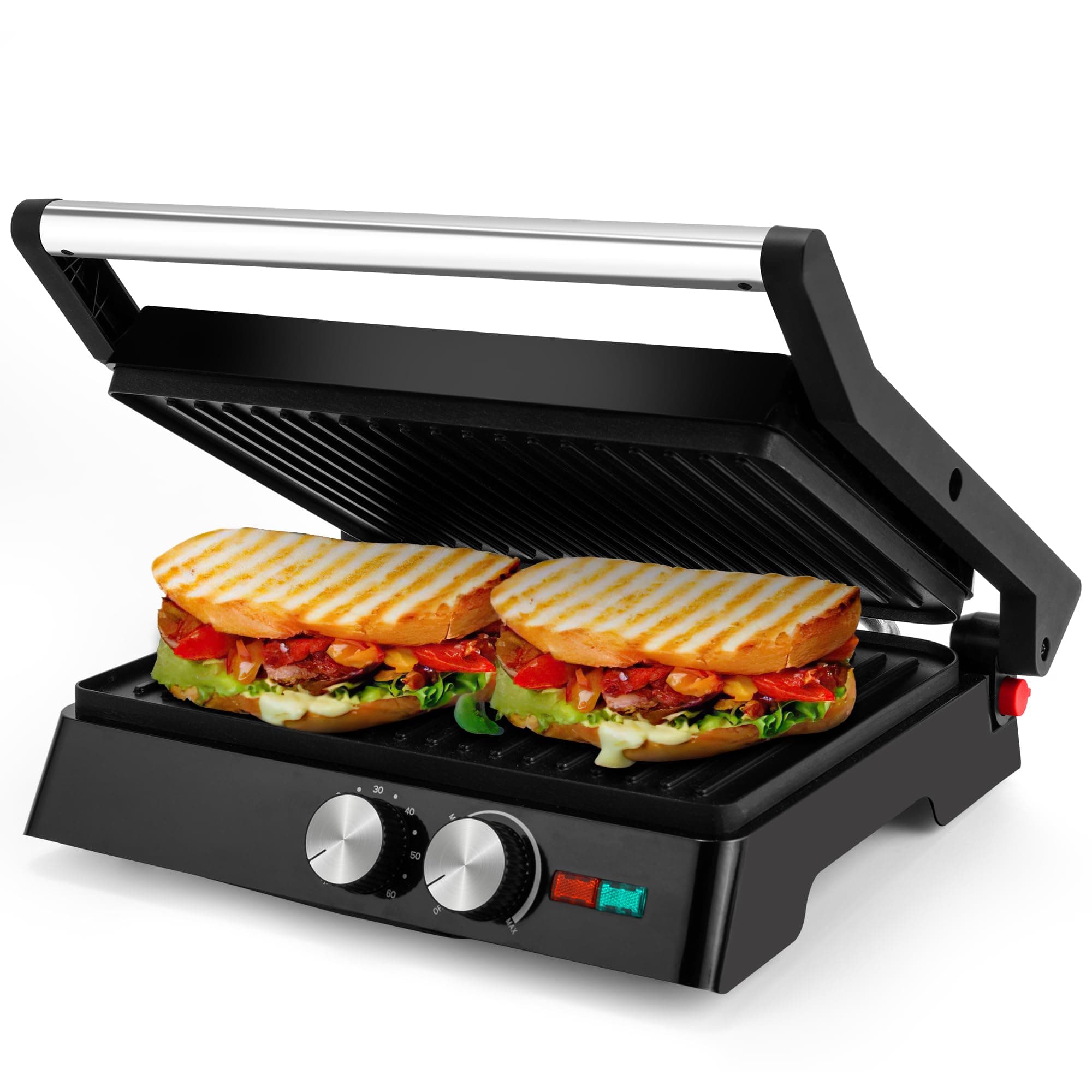 Pukomc Kontaktgrill, 1800W Contact Grill Plattengriller mit Antihaftbeschichtung, 60 Minuten Timer, 180º Öffnung,Sandwiches、 Steak und als Panini grill