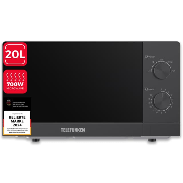 Telefunken Mikrowelle Solo | Mikrowellengerät klein mit 20 Liter Garraum | 700 W Leistung | 5 Leistungsstufen mit Auftaufunktion | kompakte Microwave mit Drehteller | Timer | schwarz | B-MW-20-G-B