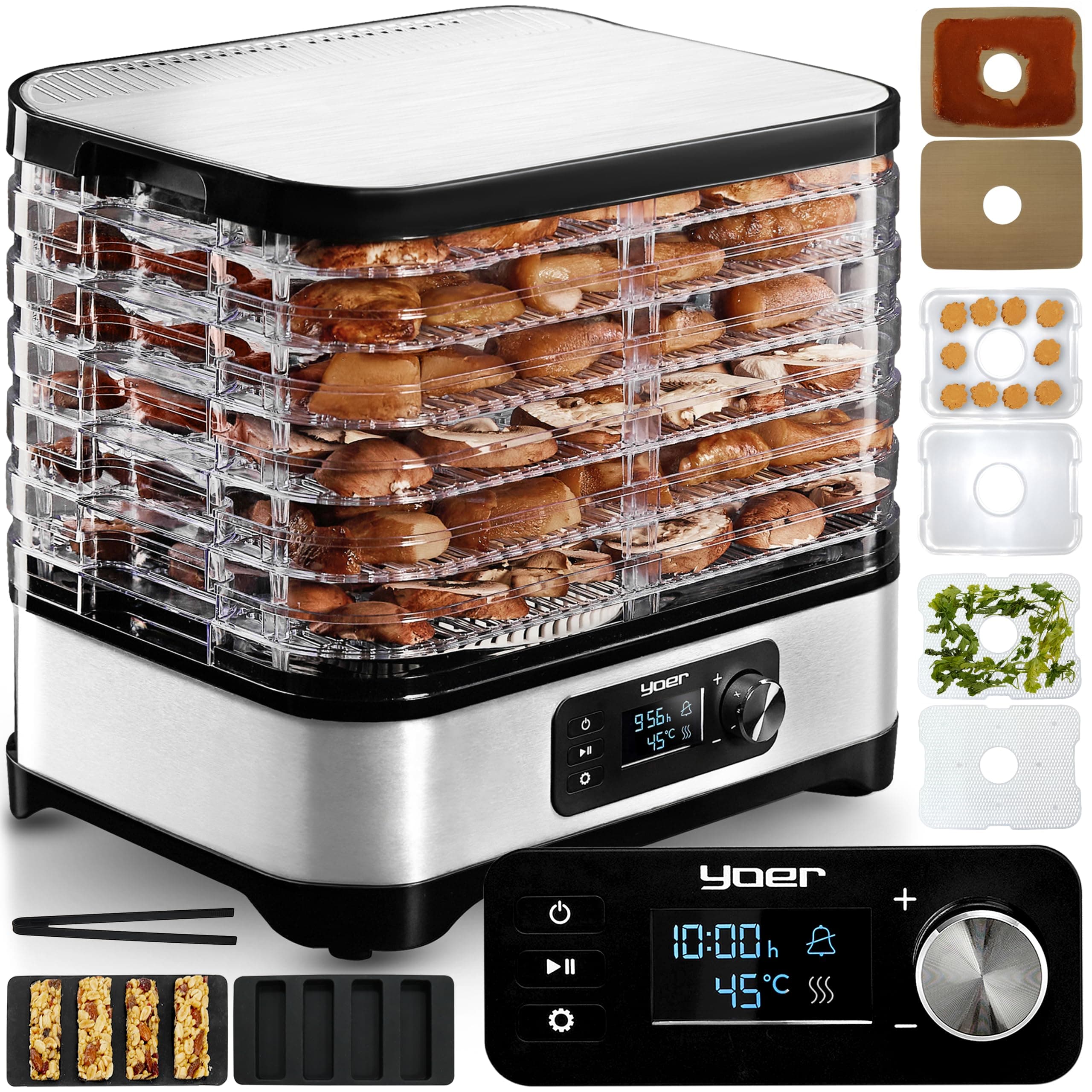 Yoer Dörrautomat Edelstah 450W, 6 Einlegefächer + 9 Zubehör, 4725 cm2, 24h Timer, LED-Anzeige, BPA-frei, Lebensmittel-Dörrgerät, Obsttrockner, Dehydrator 2 x Müsliriegelform, VitaSave FD01S