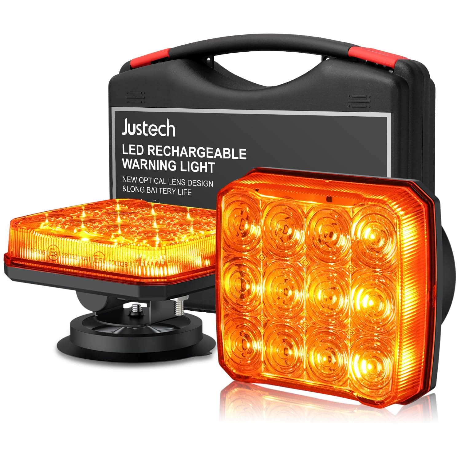 Justech 2PCS Wiederaufladbare Warnleuchte LED-Stroboskoplichter 12V/24V Magnetisch Warnleuchte Warnlicht, IP65 Wasserdicht Notfalllicht Auto-Blitzlicht mit 18 Blitzmodi für Lastwagen, Traktoren E-Mark Spot-Optik