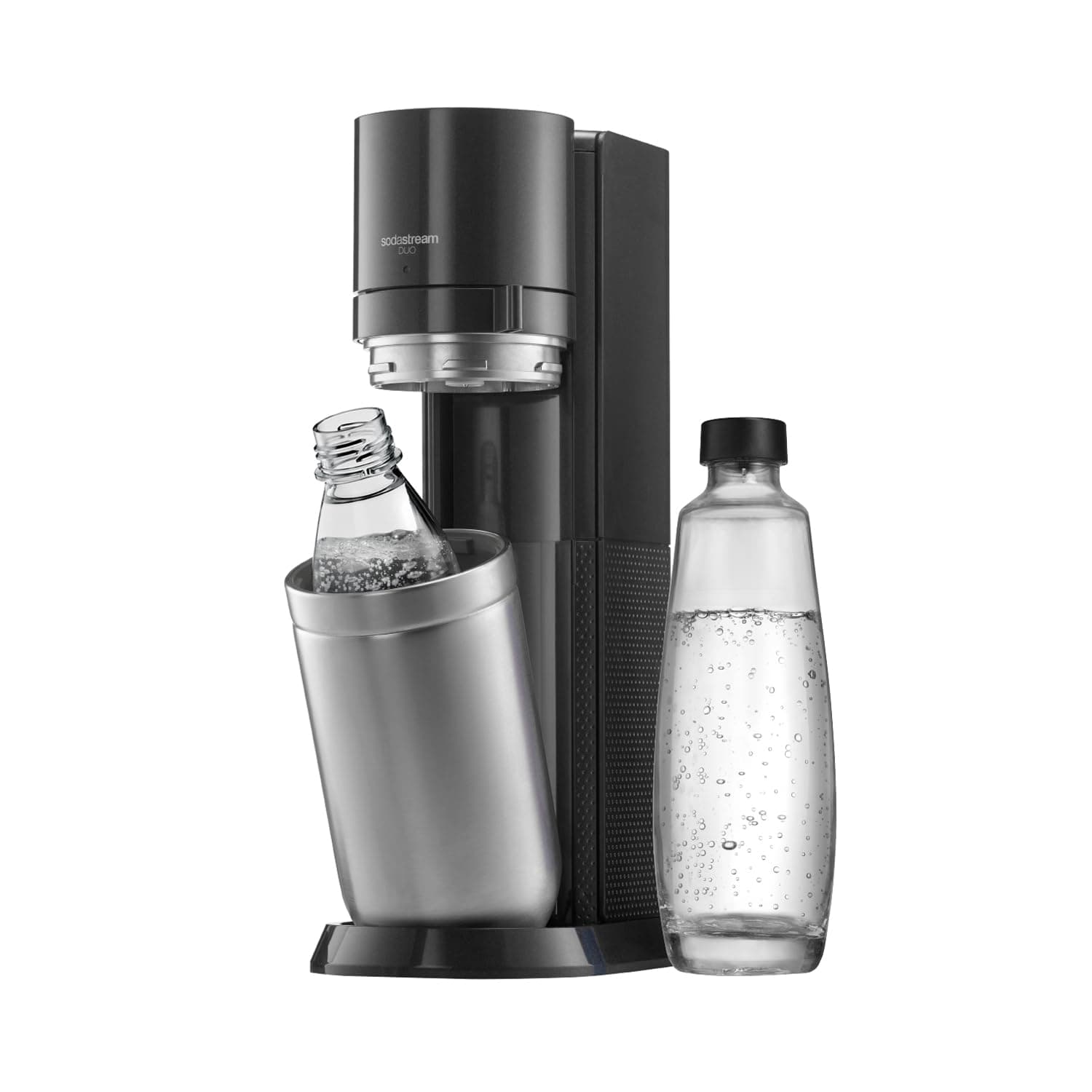 SodaStream Wassersprudler DUO Umsteiger| inkl.1x 1L Glasflasche und 1x 1L FUSE Kunststoffflasche (spülmaschinengeeignet) | Farbe: Titan Umsteiger (Ohne Zylinder)