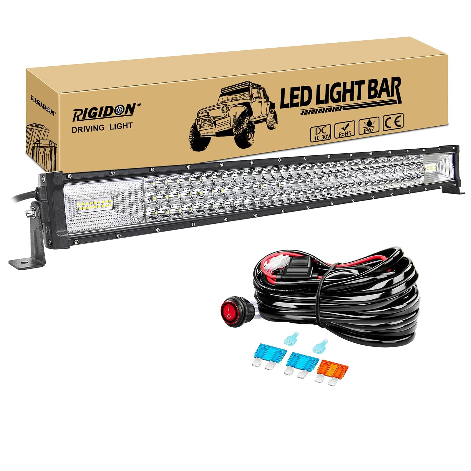 RIGIDON 32 Zoll 80 cm 405W außen alu led lichtleiste mit 12v kabelbaum kit, Wasserdicht warmweiß offroad beleuchtung für Auto Offroad ATV LKW KFZ Traktor Fahrzeuge 4x4, Slim led nebelscheinwerfer 32 Zoll 405W + kabelbaum kit